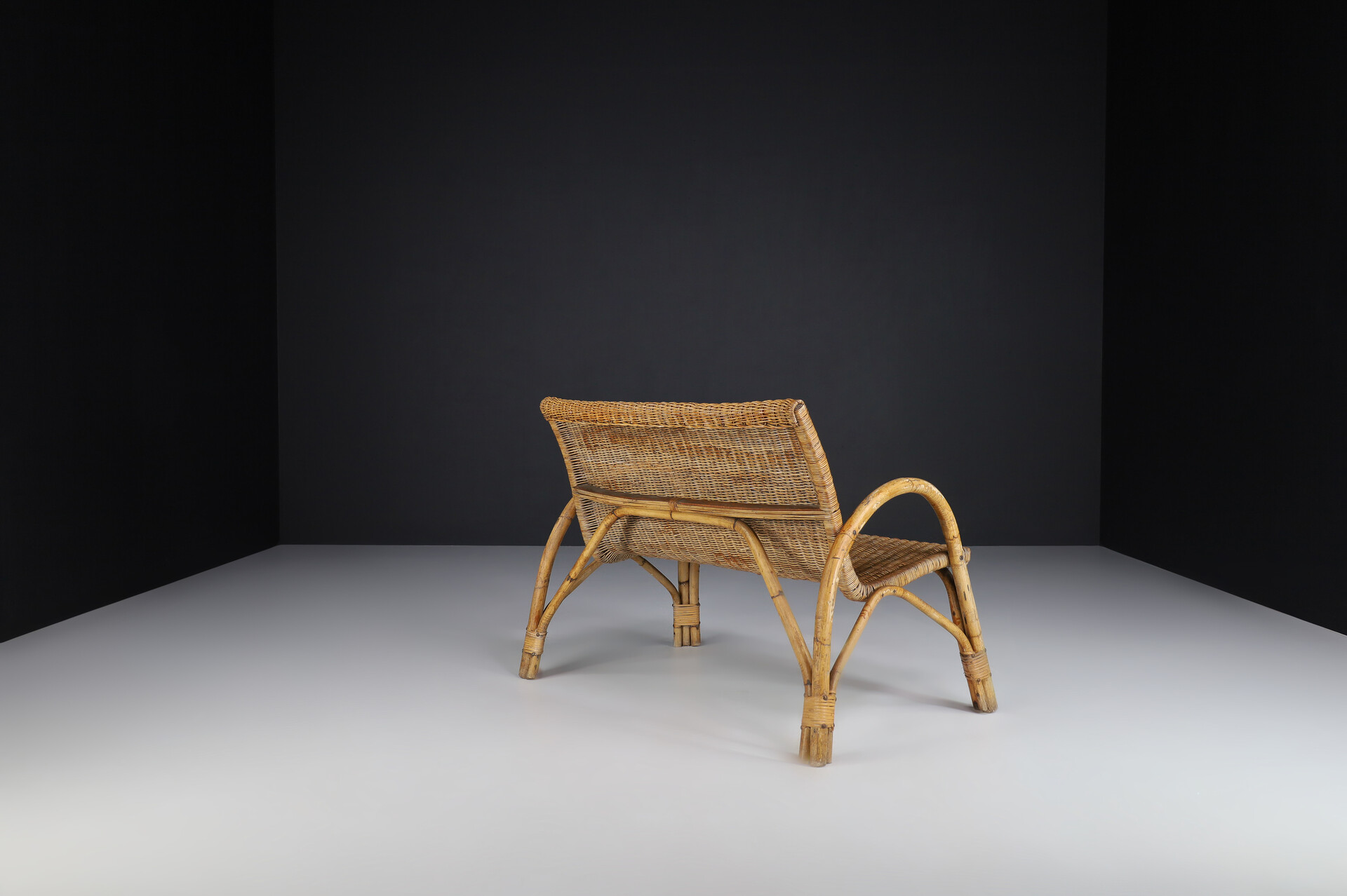 Mid century modern Bamboo and wicker bench, France 1960s Mid-20th century