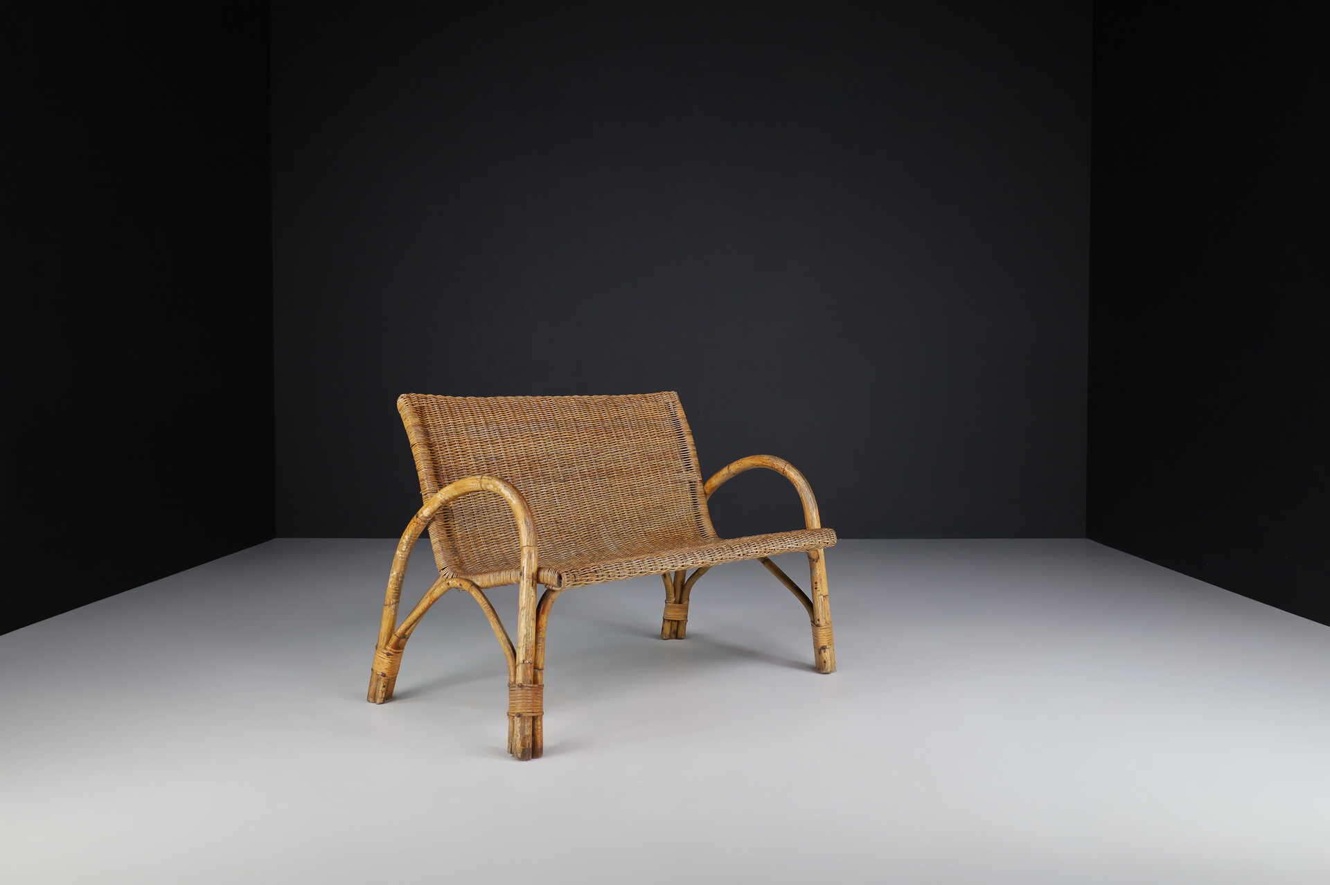 Mid century modern Bamboo and wicker bench, France 1960s Mid-20th century