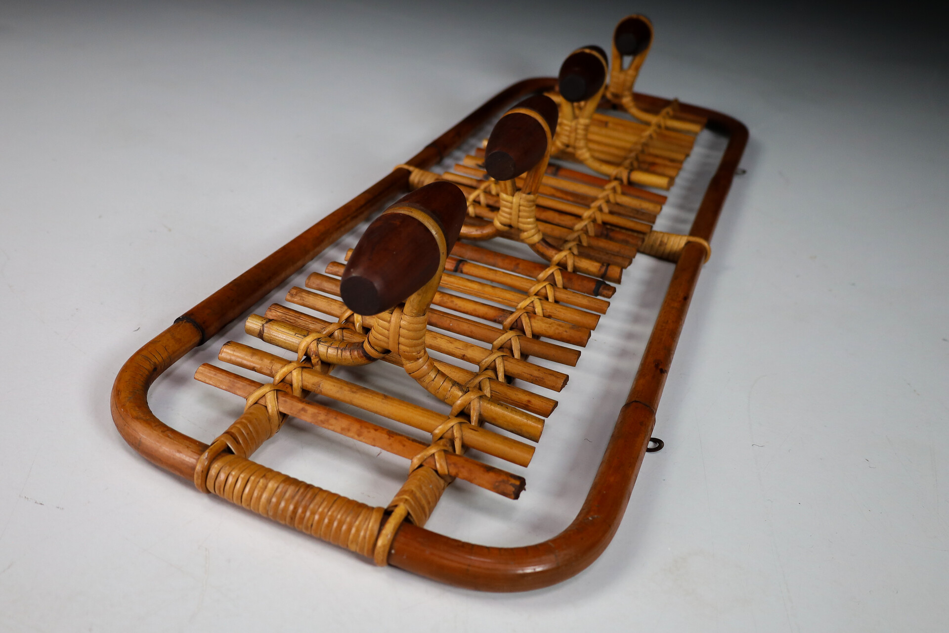 Mid century modern Bamboo & Rattan Coat Rack Hanger  Olaf von Bohr, Italy, 1950s Mid-20th century