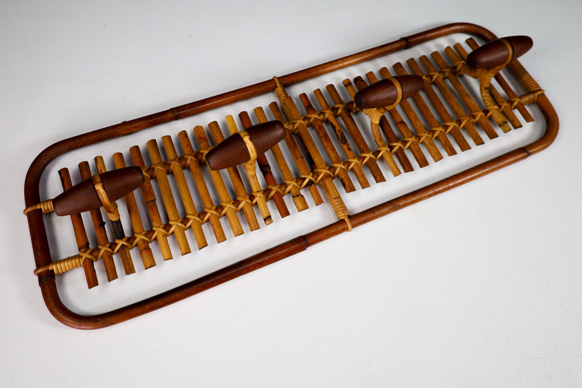Mid century modern Bamboo & Rattan Coat Rack Hanger  Olaf von Bohr, Italy, 1950s Mid-20th century