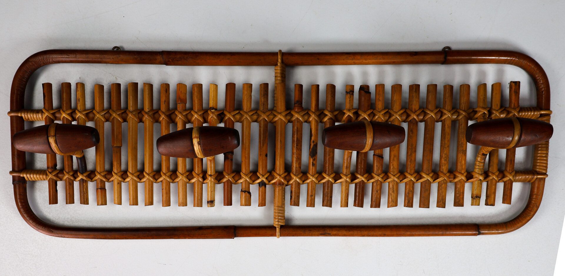 Mid century modern Bamboo & Rattan Coat Rack Hanger  Olaf von Bohr, Italy, 1950s Mid-20th century