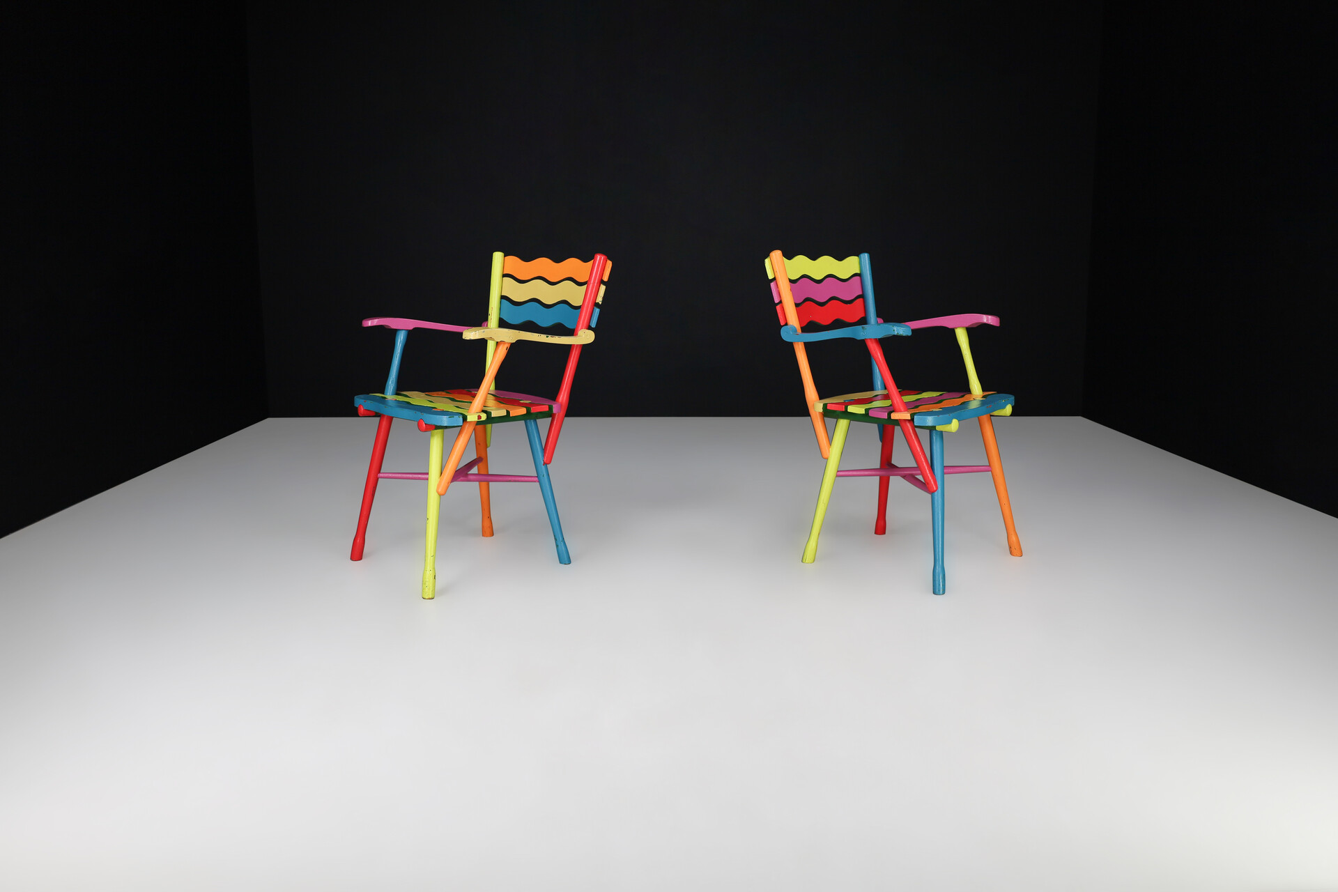 Mid century modern Beech Colorfull wooden Armchairs, France 1950s Mid-20th century