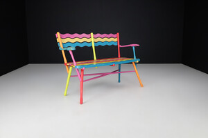 Mid century modern Beech Colorfull wooden Garden Bench, France 1950s Mid-20th century
