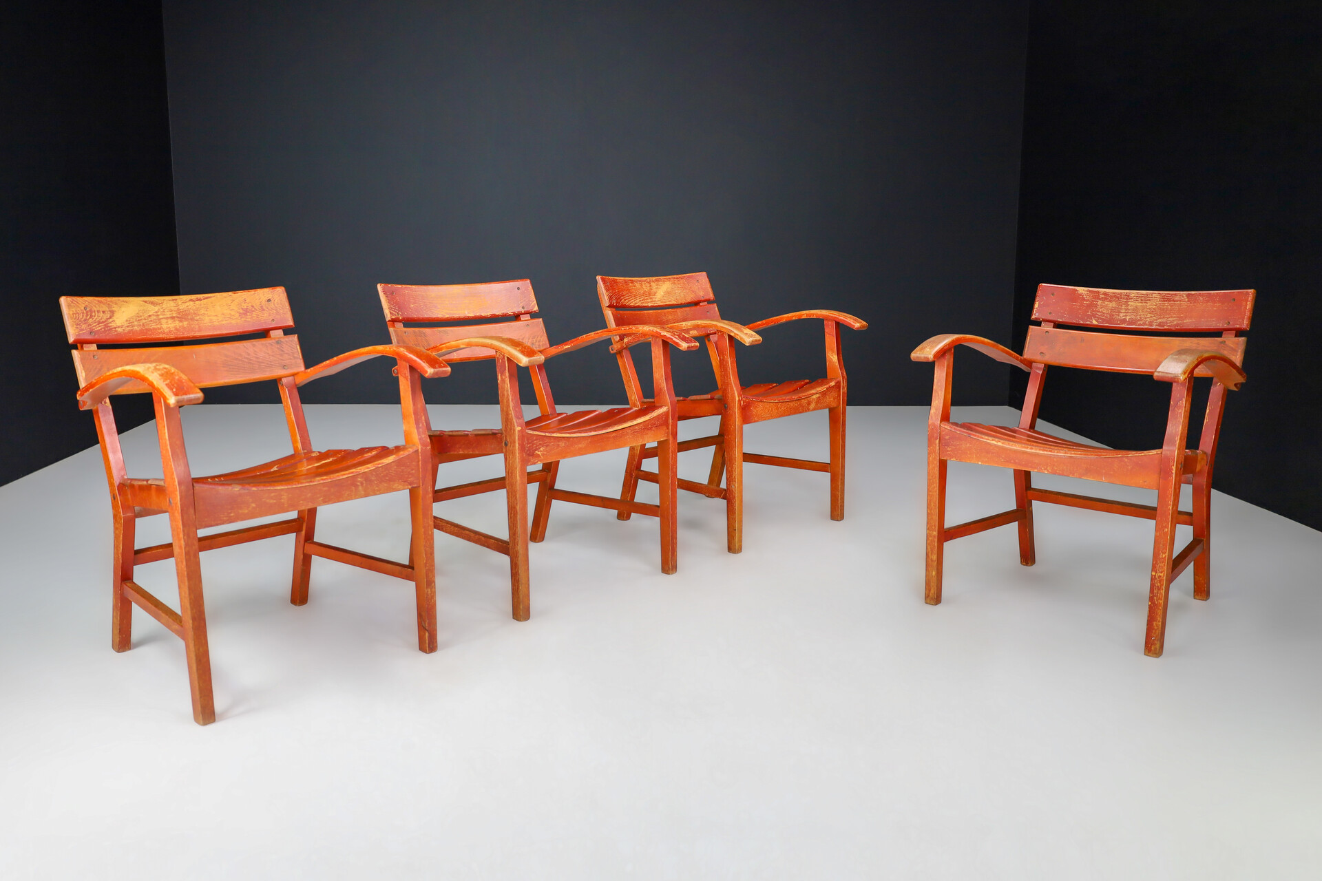 Mid century modern Beech Mid-Century Patinated French Oak Garden Armchairs, France 1950s Mid-20th century
