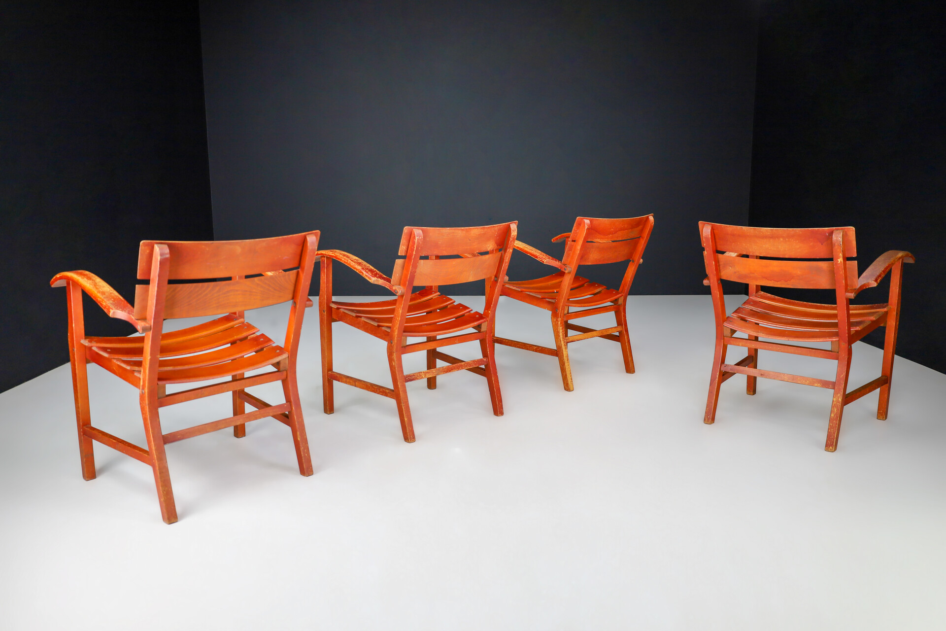 Mid century modern Beech Mid-Century Patinated French Oak Garden Armchairs, France 1950s Mid-20th century