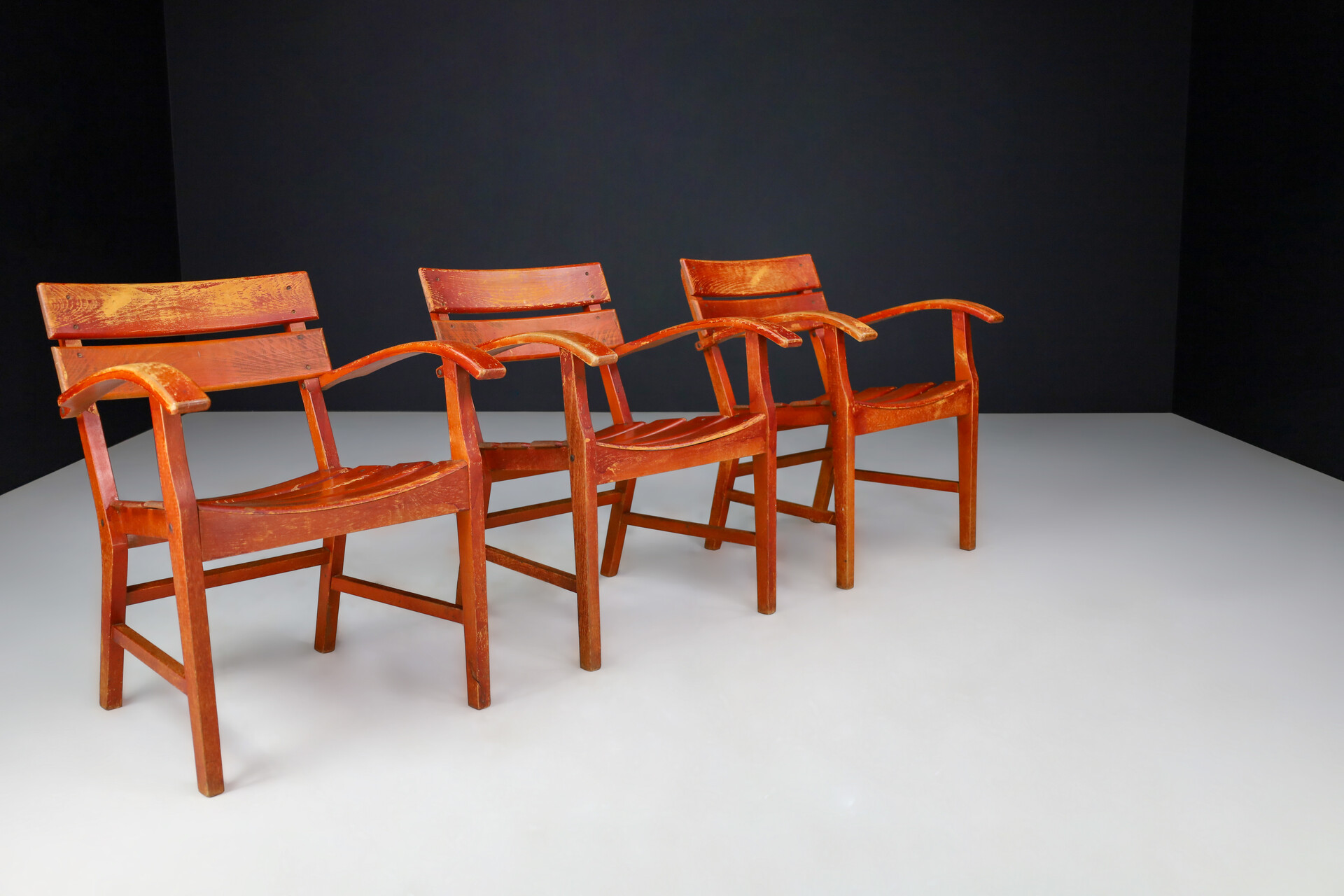 Mid century modern Beech Mid-Century Patinated French Oak Garden Armchairs, France 1950s Mid-20th century