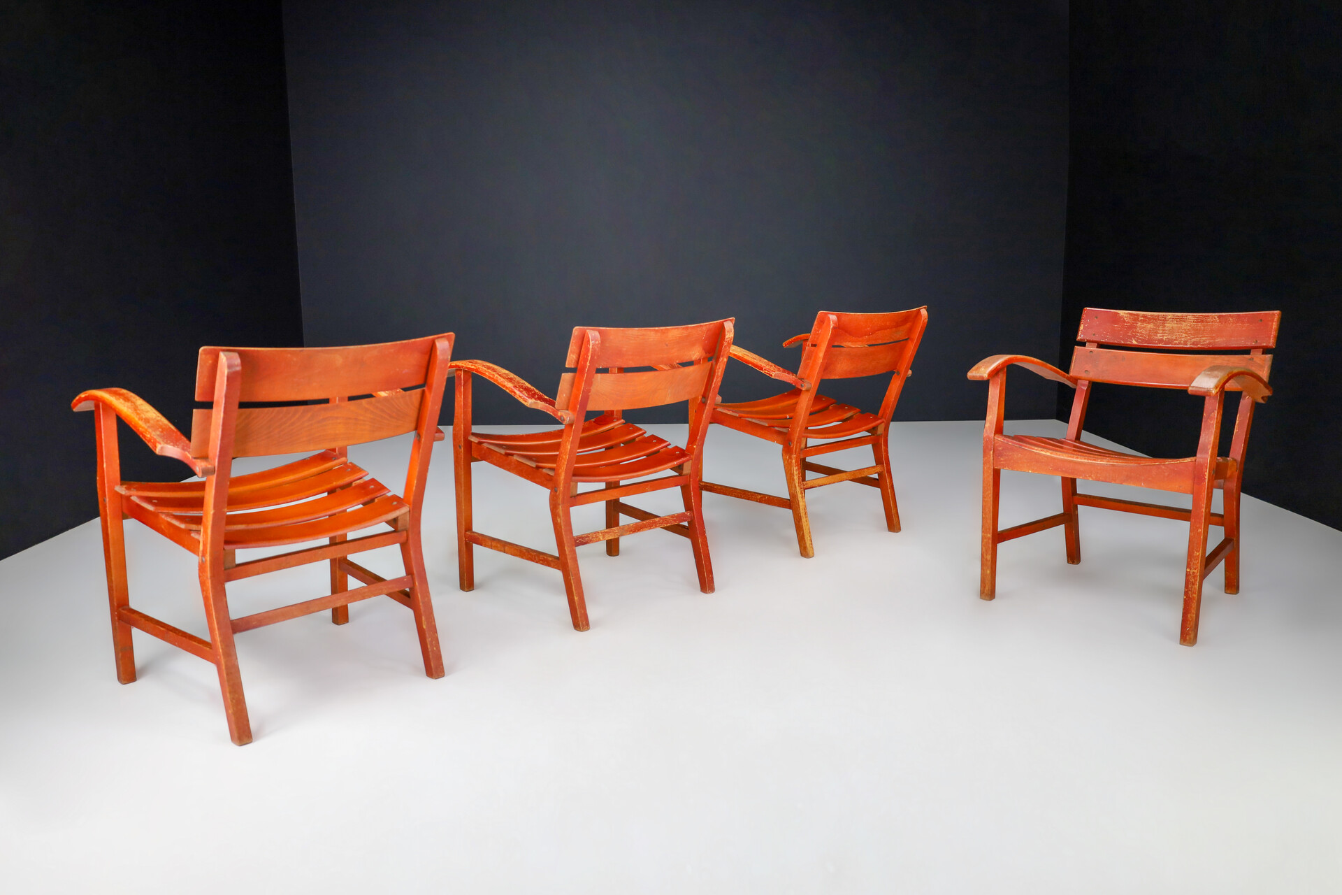 Mid century modern Beech Mid-Century Patinated French Oak Garden Armchairs, France 1950s Mid-20th century