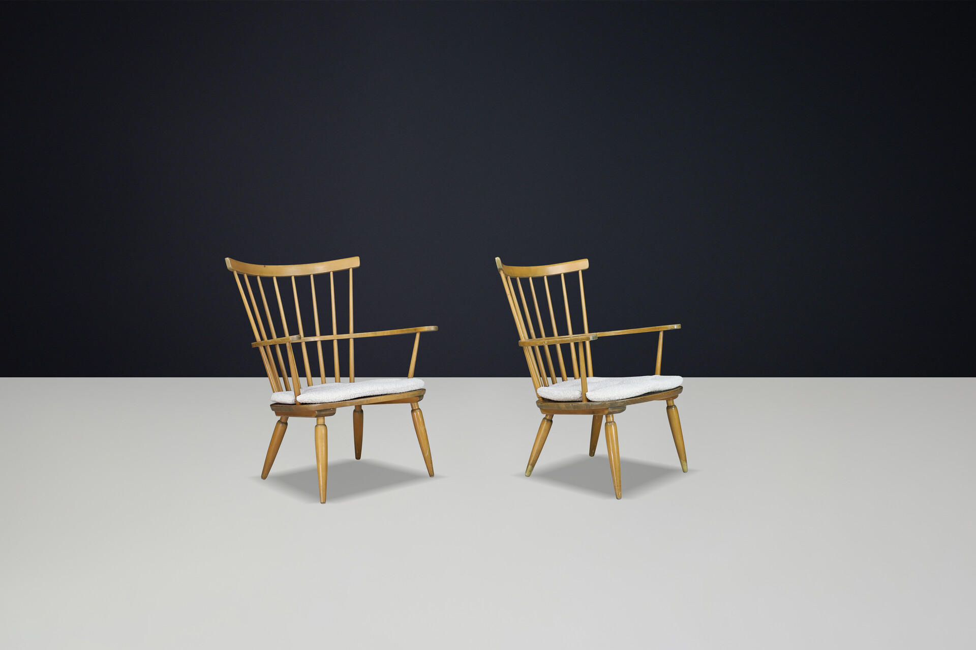 Mid century modern Beechwood Armchairs with New Bouclé cushions for Altheim by Franz Schuster 1950s Austria. Mid-20th century