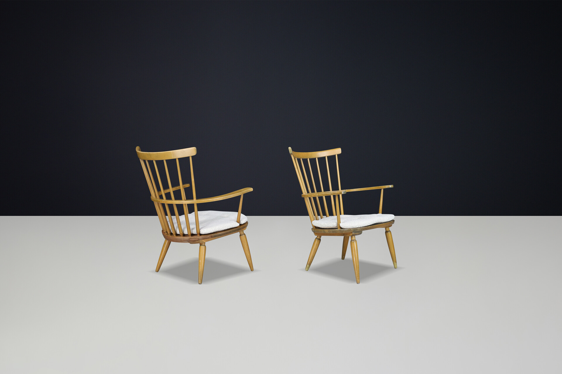 Mid century modern Beechwood Armchairs with New Bouclé cushions for Altheim by Franz Schuster 1950s Austria. Mid-20th century