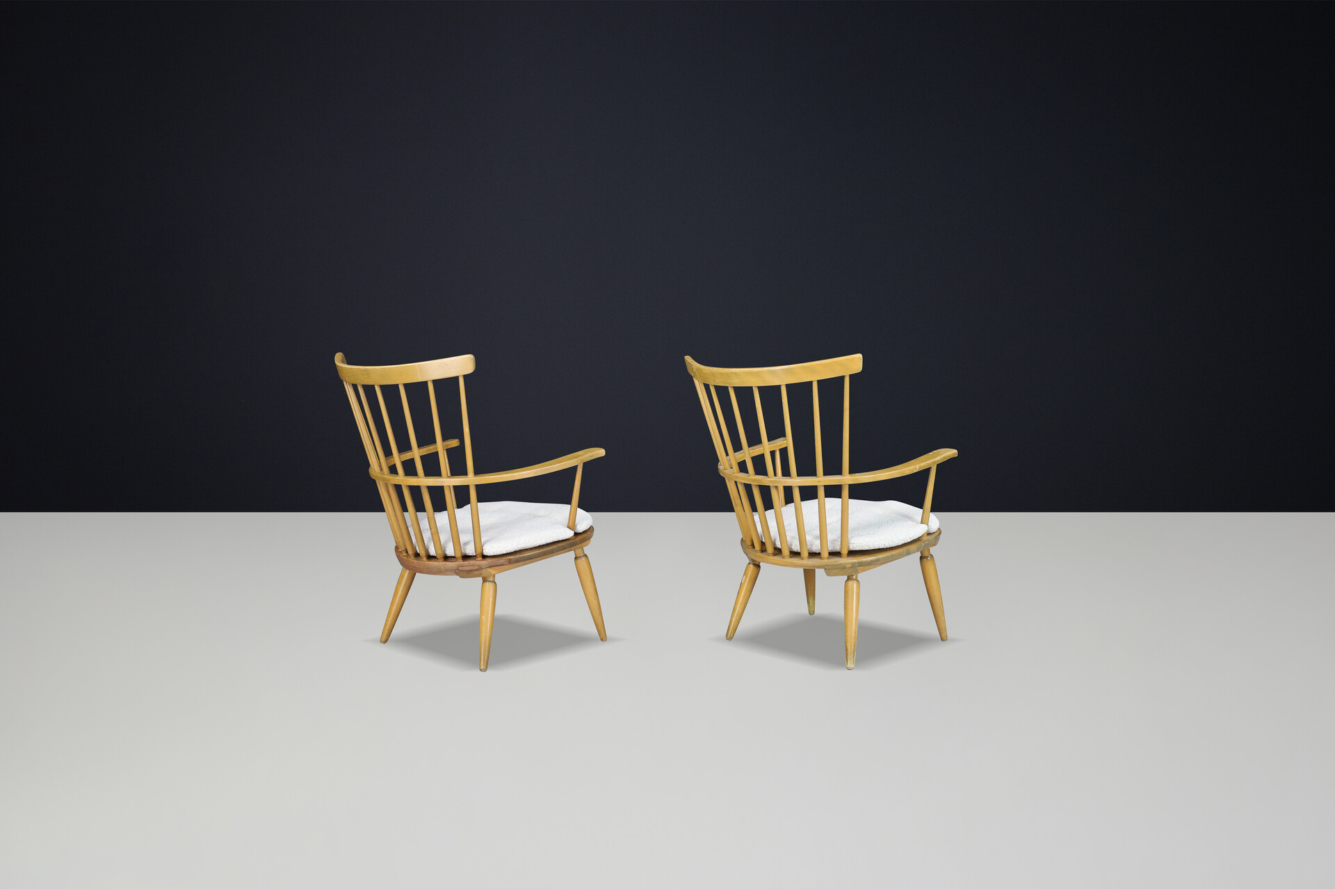 Mid century modern Beechwood Armchairs with New Bouclé cushions for Altheim by Franz Schuster 1950s Austria. Mid-20th century