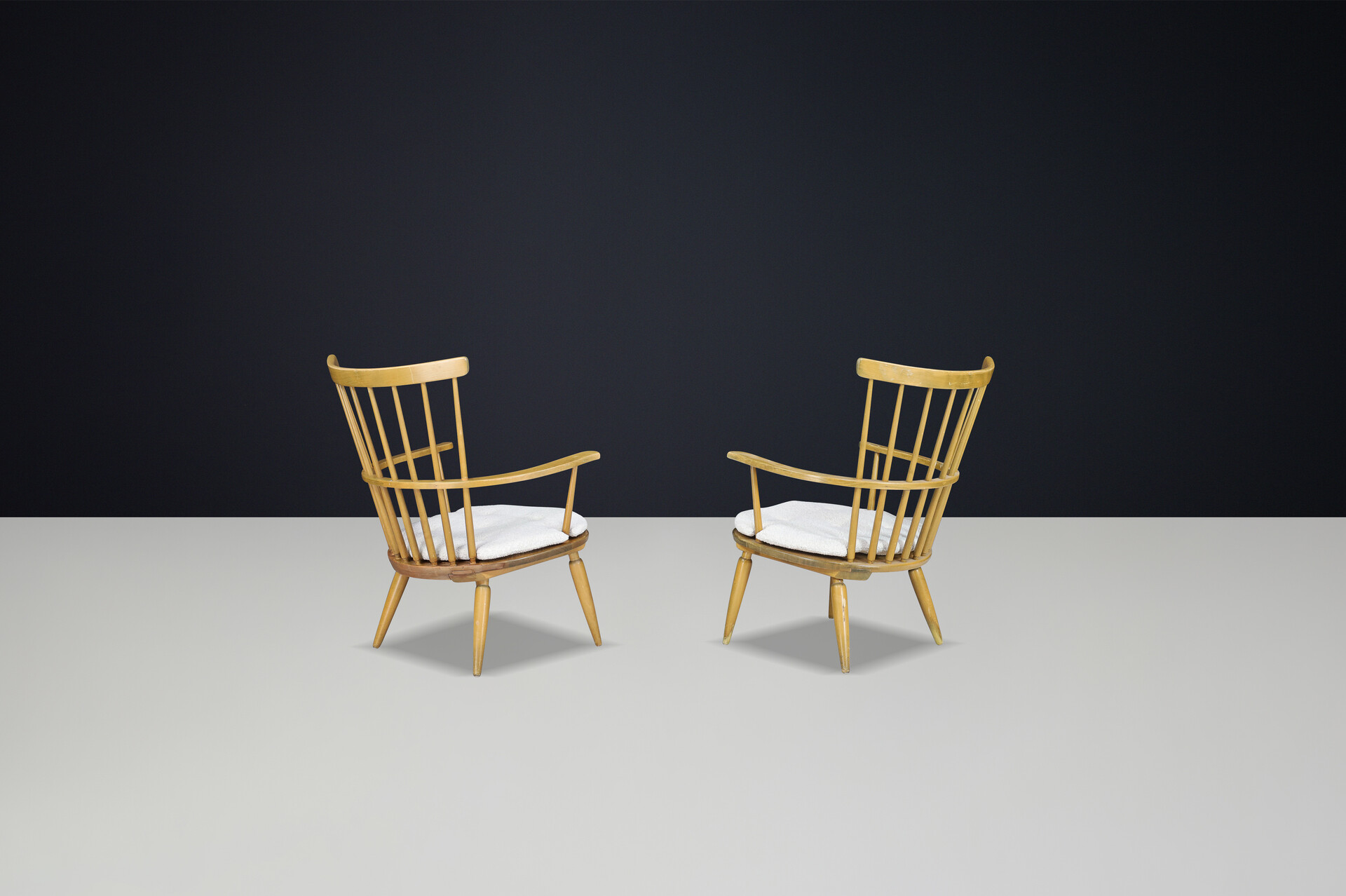 Mid century modern Beechwood Armchairs with New Bouclé cushions for Altheim by Franz Schuster 1950s Austria. Mid-20th century