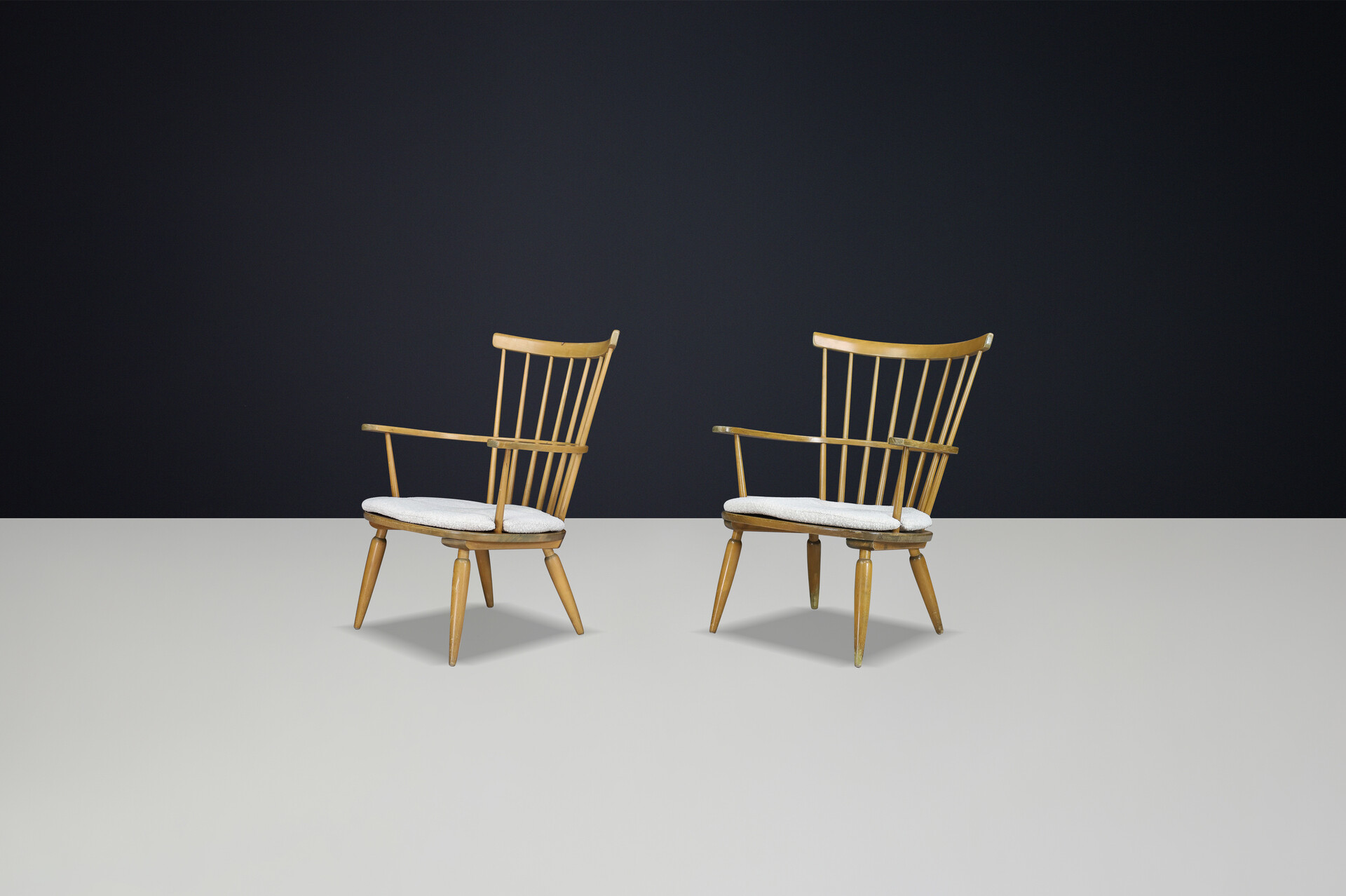 Mid century modern Beechwood Armchairs with New Bouclé cushions for Altheim by Franz Schuster 1950s Austria. Mid-20th century