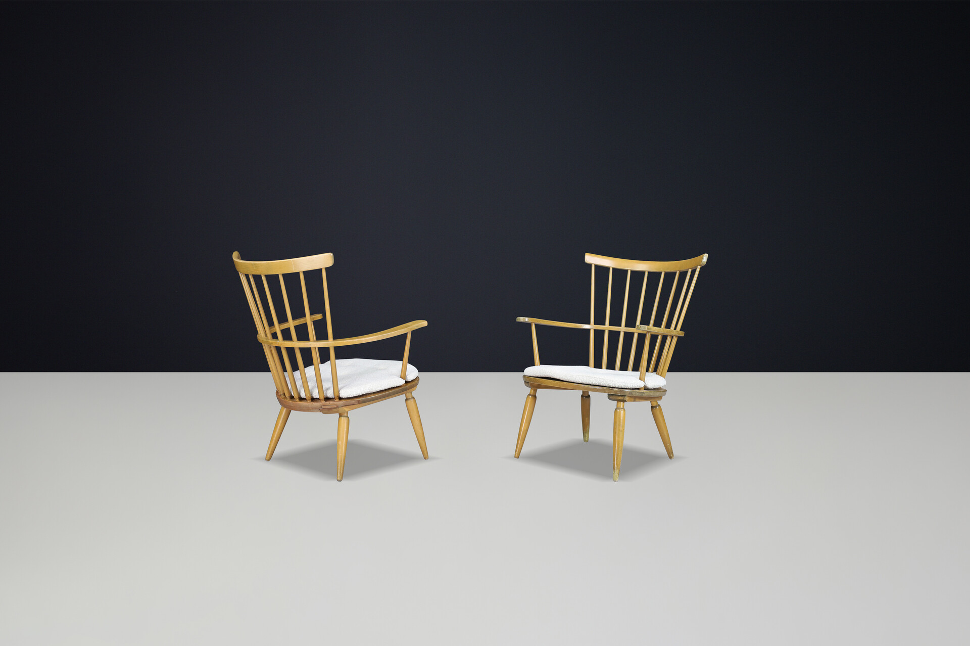 Mid century modern Beechwood Armchairs with New Bouclé cushions for Altheim by Franz Schuster 1950s Austria. Mid-20th century