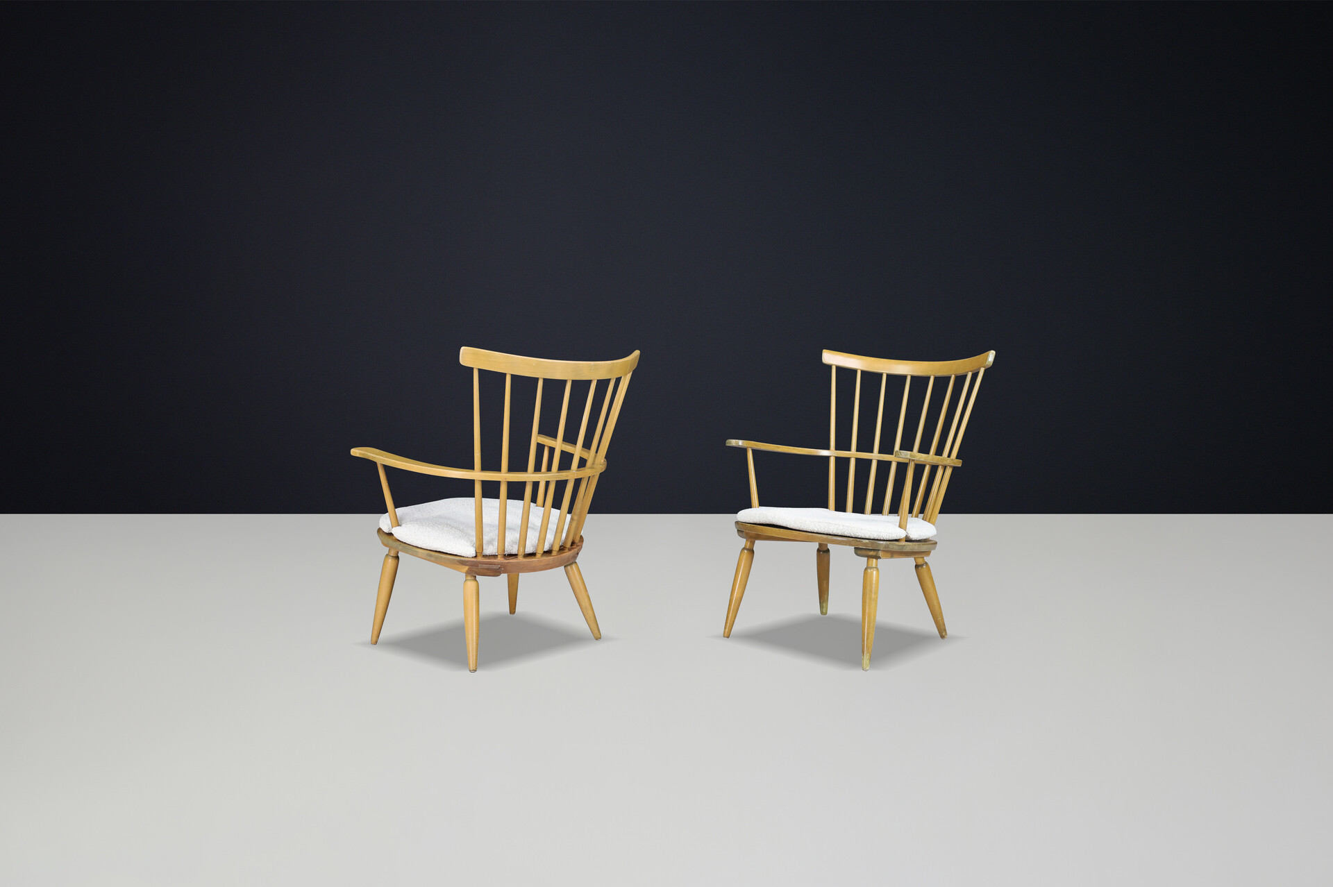 Mid century modern Beechwood Armchairs with New Bouclé cushions for Altheim by Franz Schuster 1950s Austria. Mid-20th century