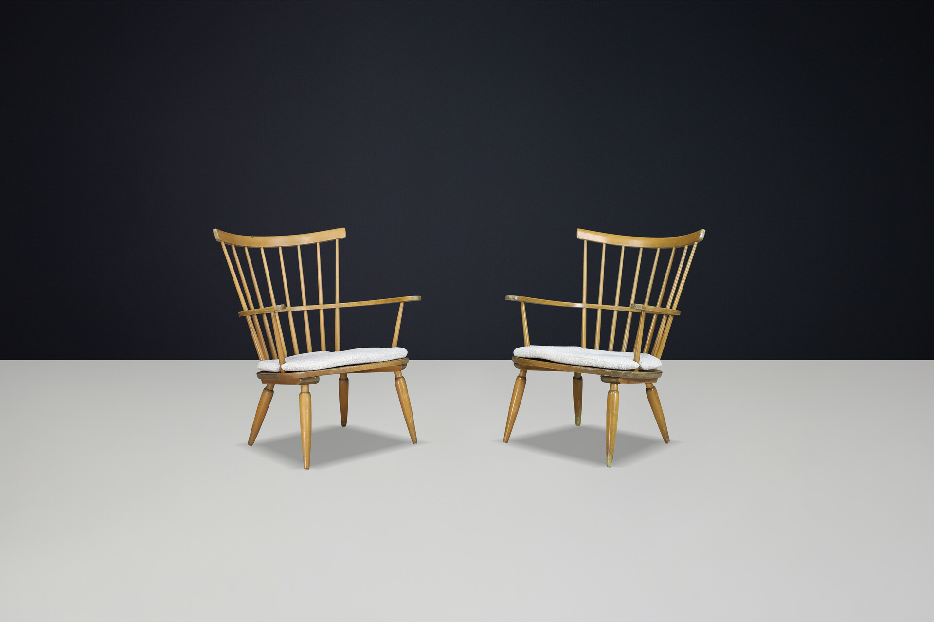 Mid century modern Beechwood Armchairs with New Bouclé cushions for Altheim by Franz Schuster 1950s Austria. Mid-20th century