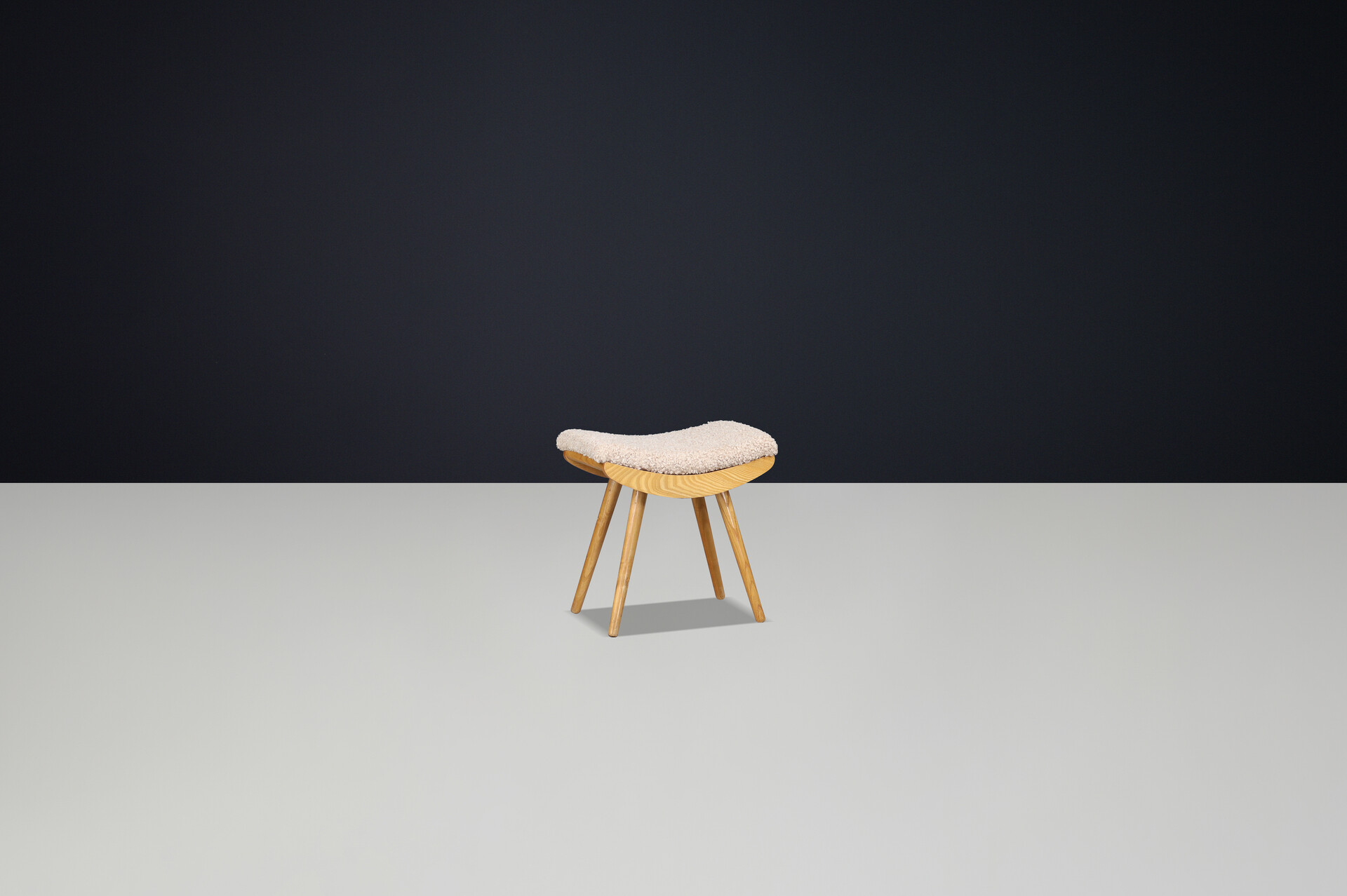 Mid century modern Beechwood Stool & New Teddy Upholstery Czechoslovakia 1960s Mid-20th century