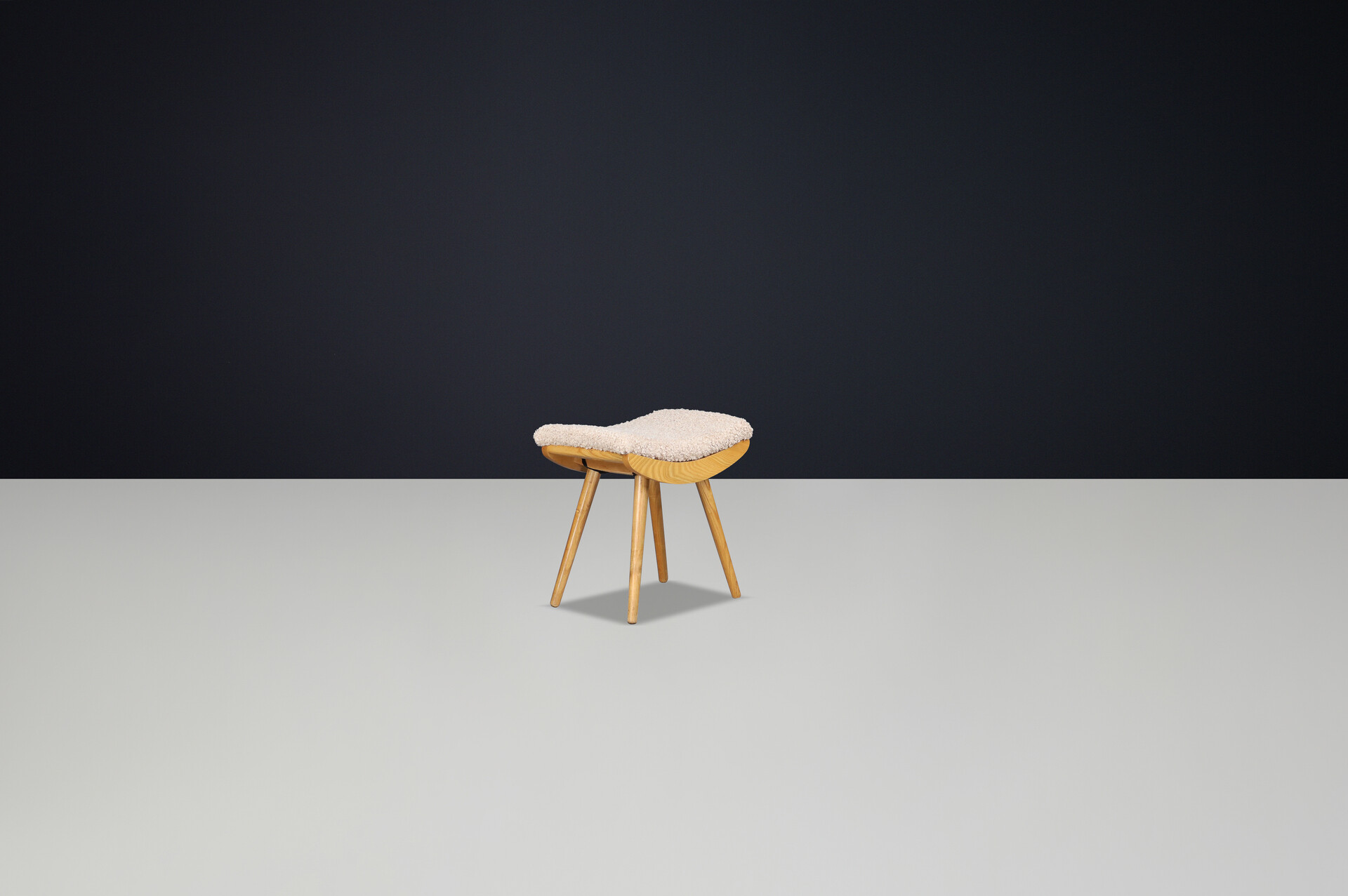 Mid century modern Beechwood Stool & New Teddy Upholstery Czechoslovakia 1960s Mid-20th century
