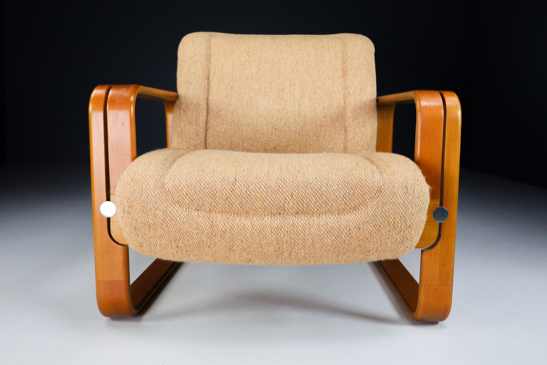 Mid century modern Bentwood and orginal Fabric lounge chair by Jan Bočan, Czech Republic 1970s Late-20th century