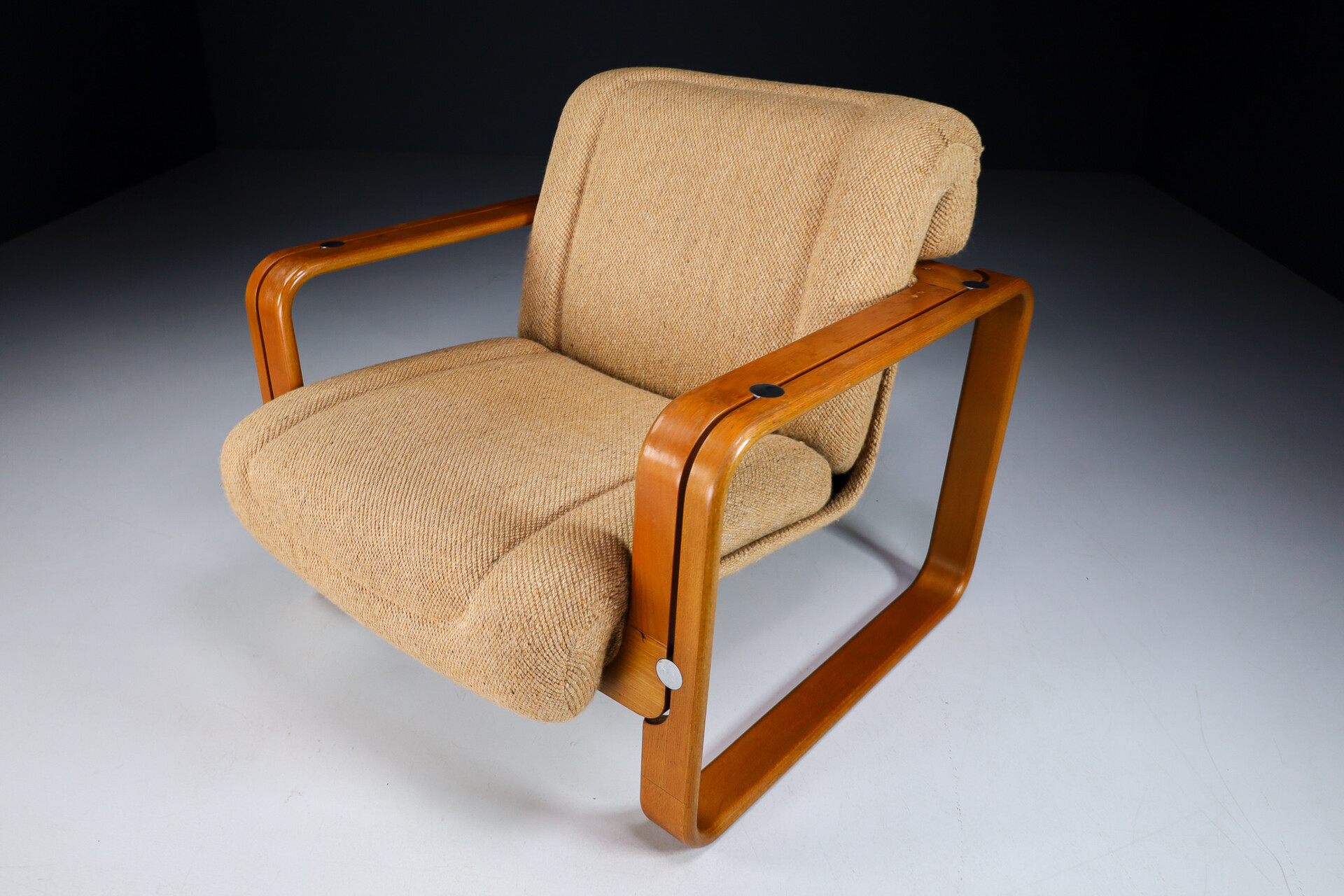 Mid century modern Bentwood and orginal Fabric lounge chair by Jan Bočan, Czech Republic 1970s Late-20th century