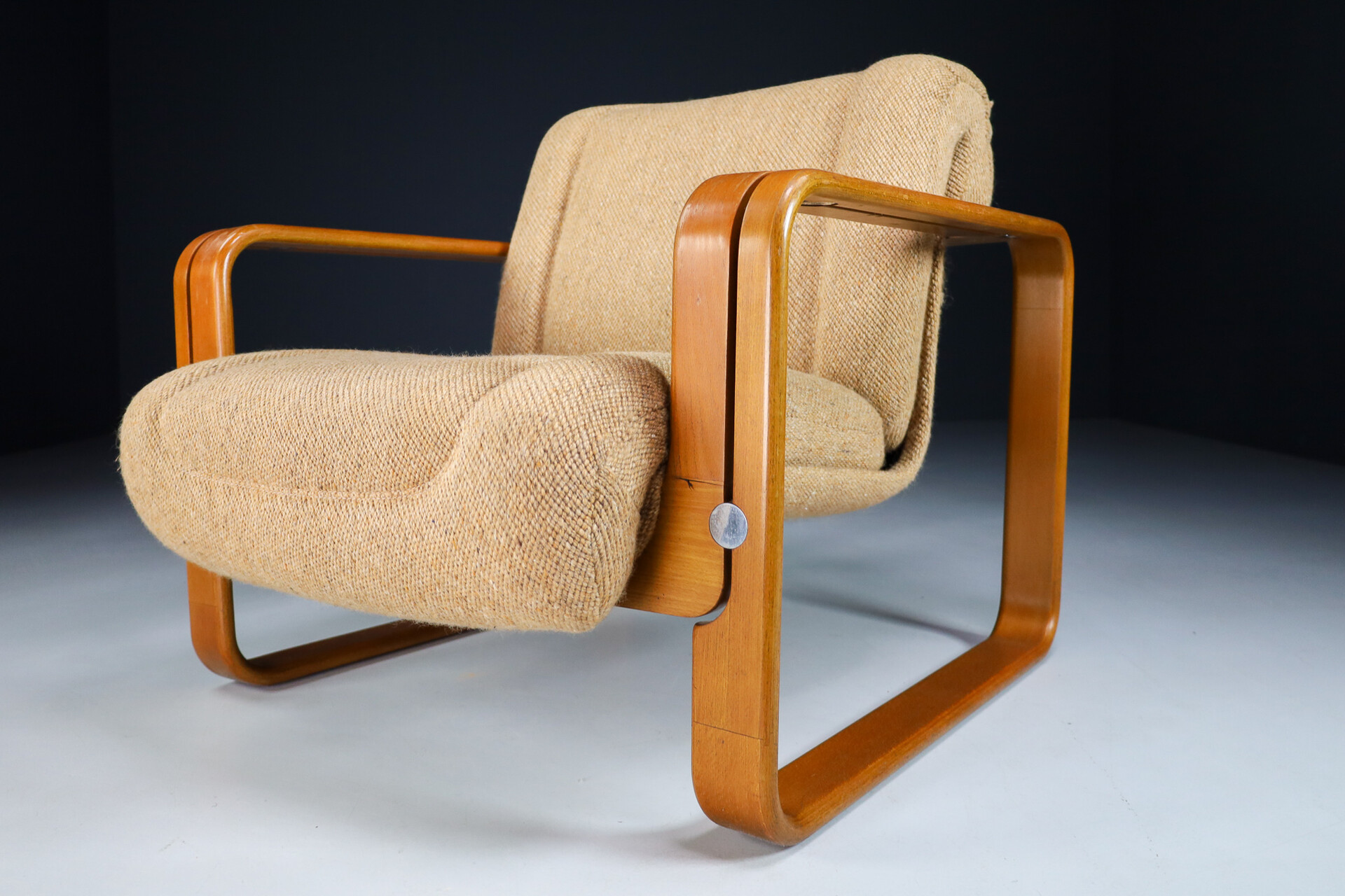 Mid century modern Bentwood and orginal Fabric lounge chair by Jan Bočan, Czech Republic 1970s Late-20th century