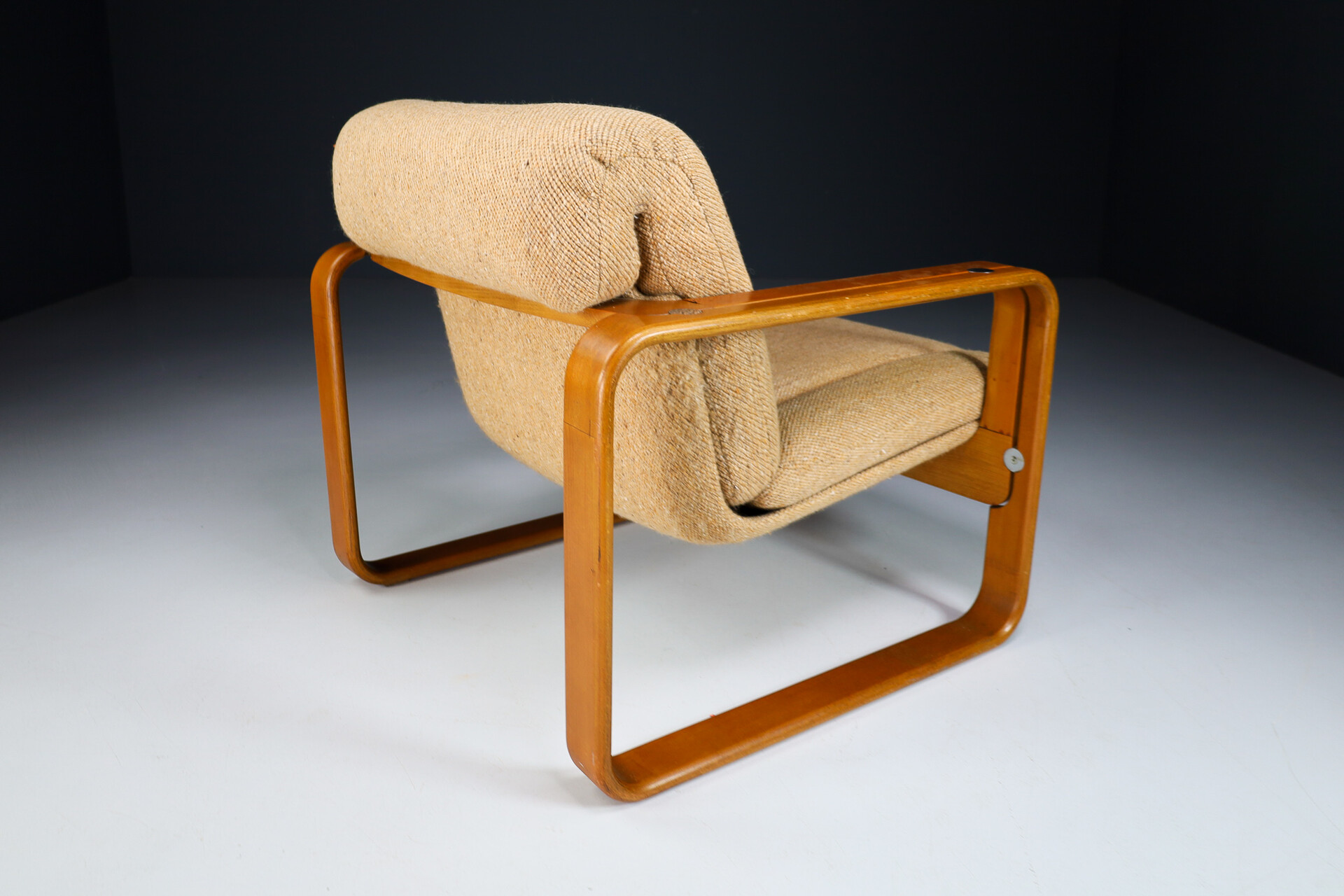 Mid century modern Bentwood and orginal Fabric lounge chair by Jan Bočan, Czech Republic 1970s Late-20th century