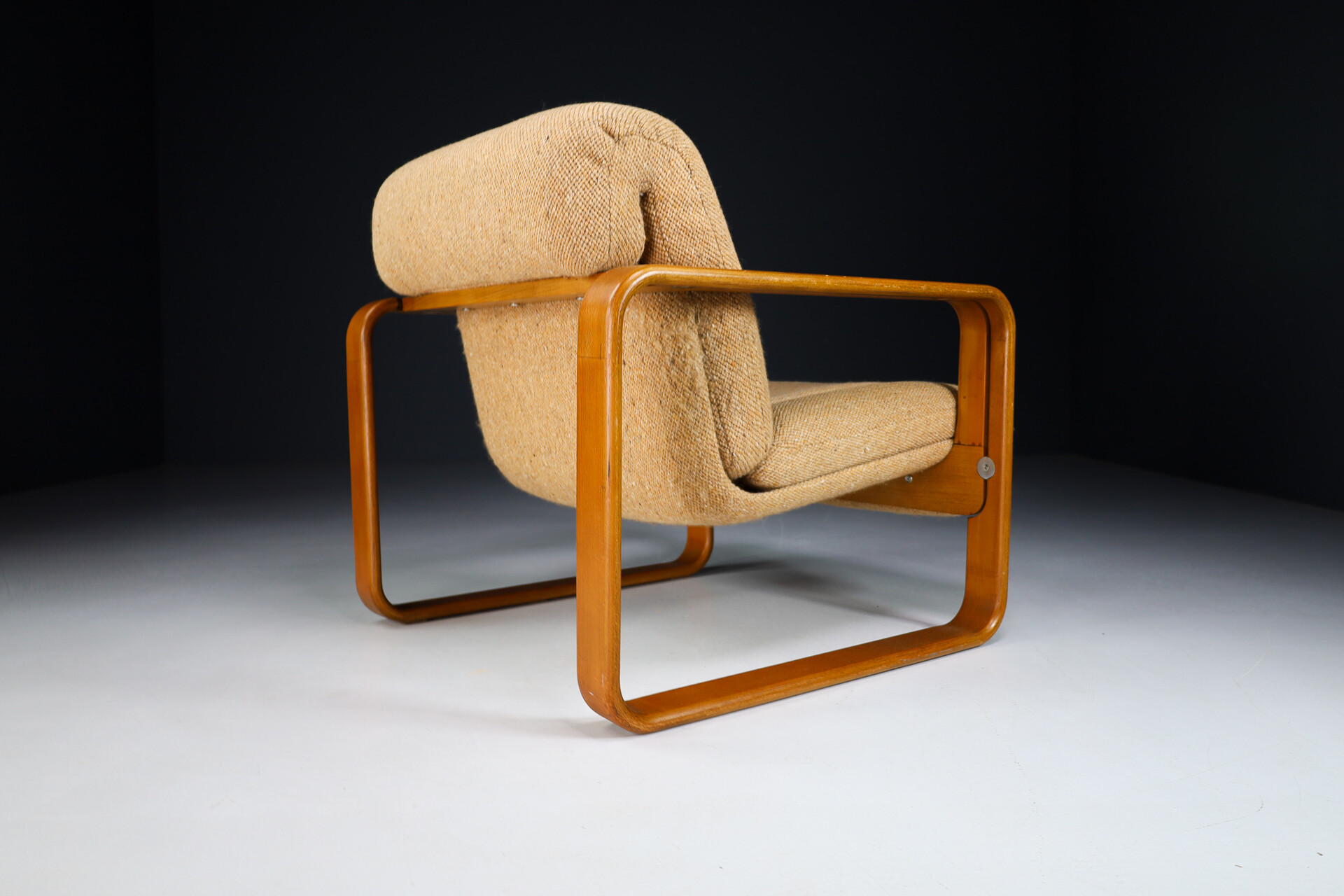 Mid century modern Bentwood and orginal Fabric lounge chair by Jan Bočan, Czech Republic 1970s Late-20th century