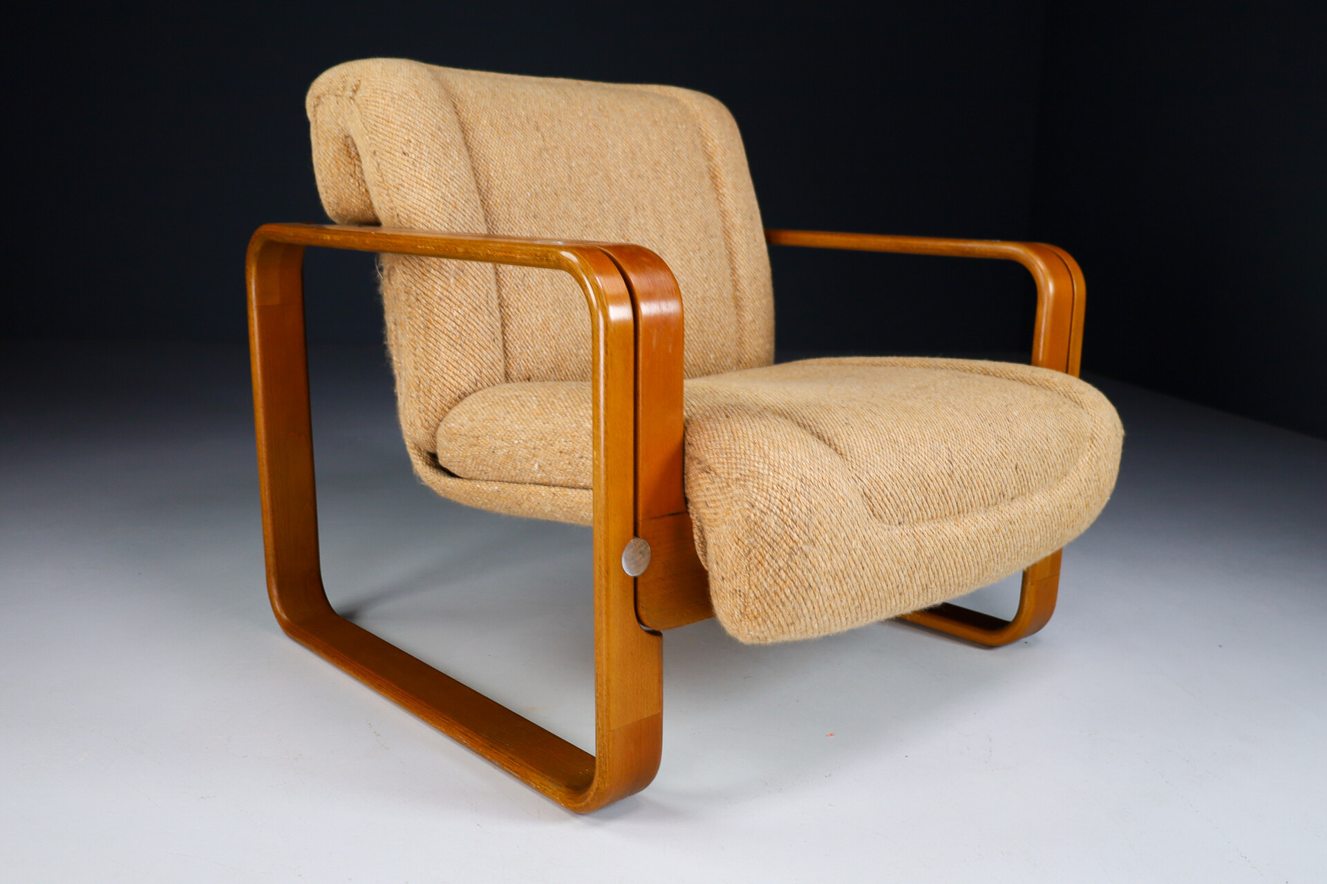 Mid century modern Bentwood and orginal Fabric lounge chair by Jan Bočan, Czech Republic 1970s Late-20th century