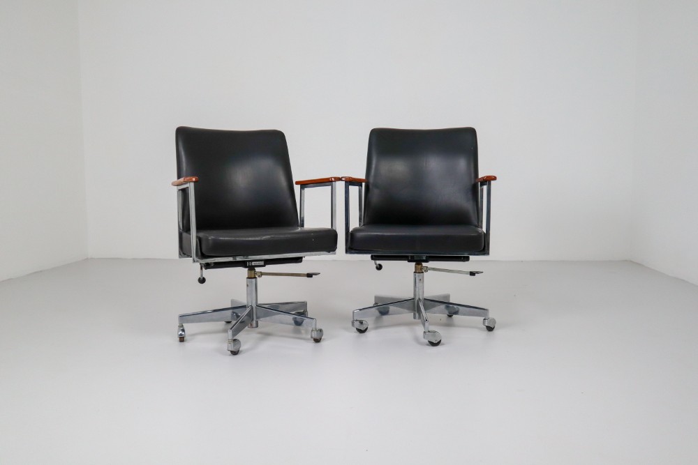 Mid Century Modern Black Leather Office Armchairs Manufactured By Mauser 1960s 20th Modernism Items European Antiques Decorative Mid Century Modern Black Leather Office, Office Arm Chairs