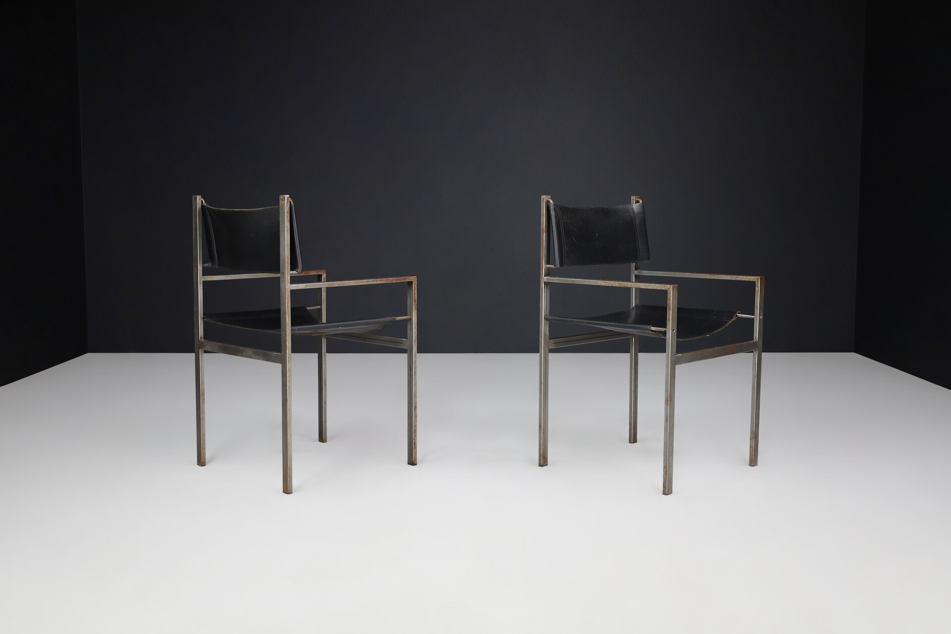 Mid century modern Black saddle leather with patinated steel frame, The Netherlands 1960s Mid-20th century