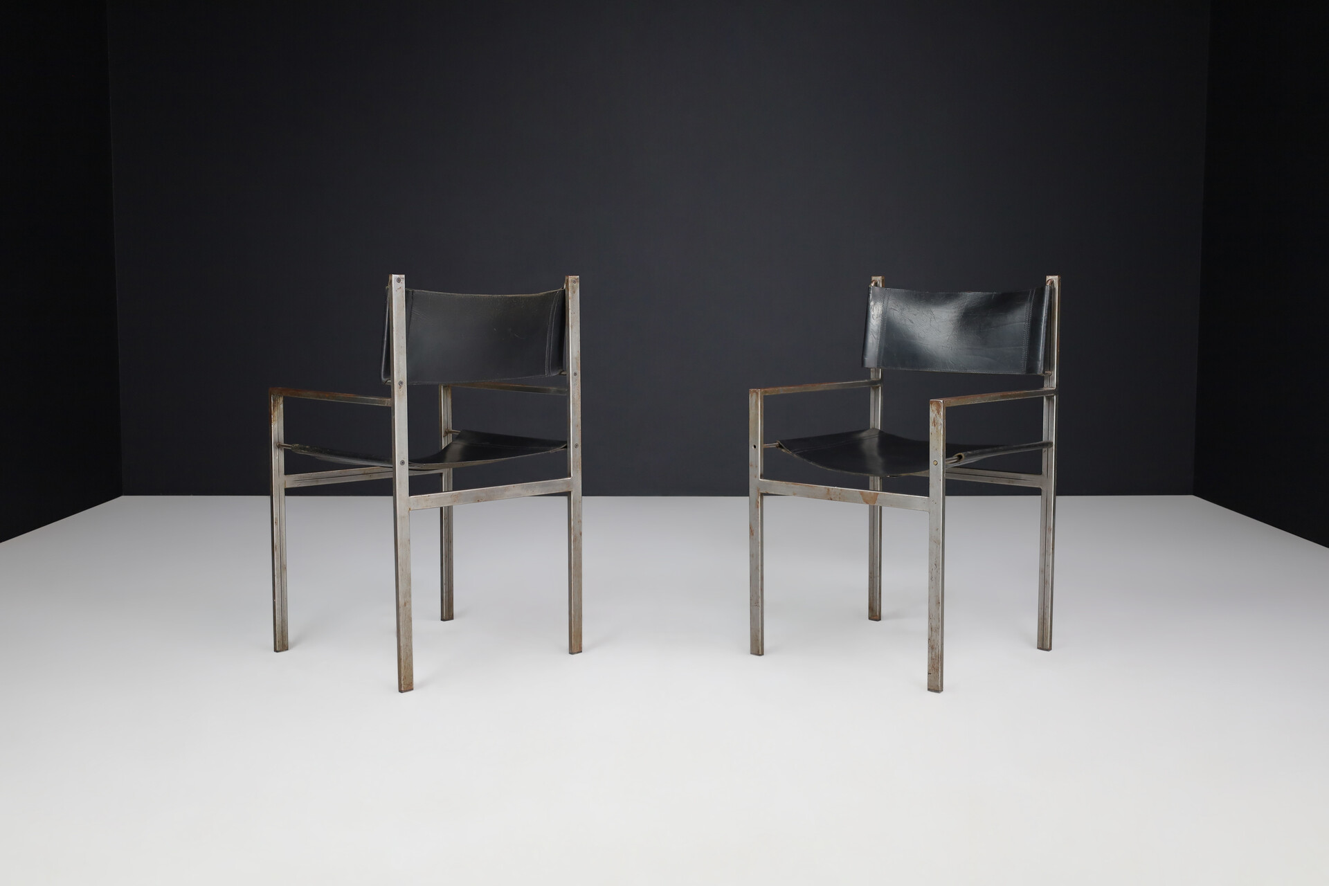 Mid century modern Black saddle leather with patinated steel frame, The Netherlands 1960s Mid-20th century