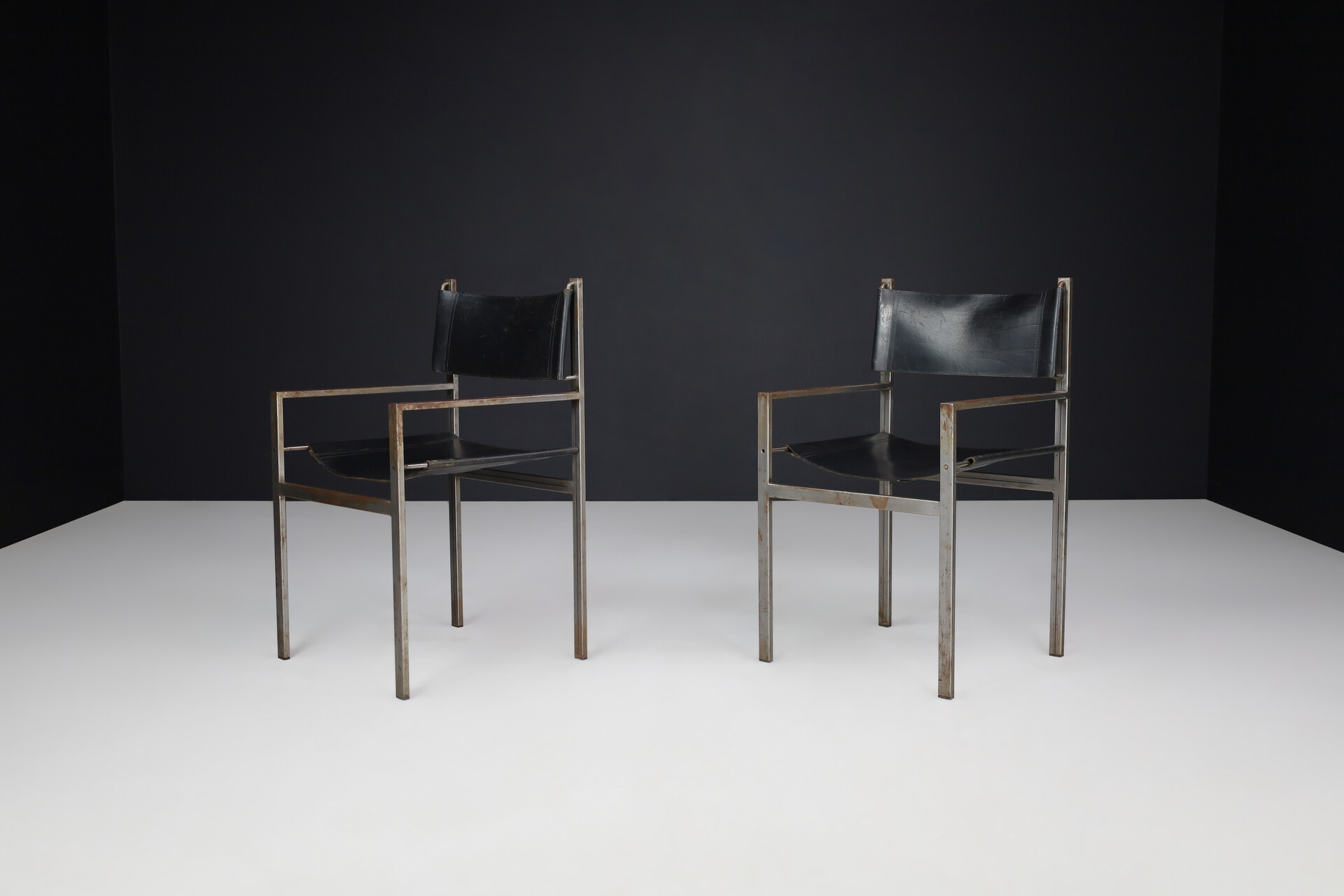 Mid century modern Black saddle leather with patinated steel frame, The Netherlands 1960s Mid-20th century