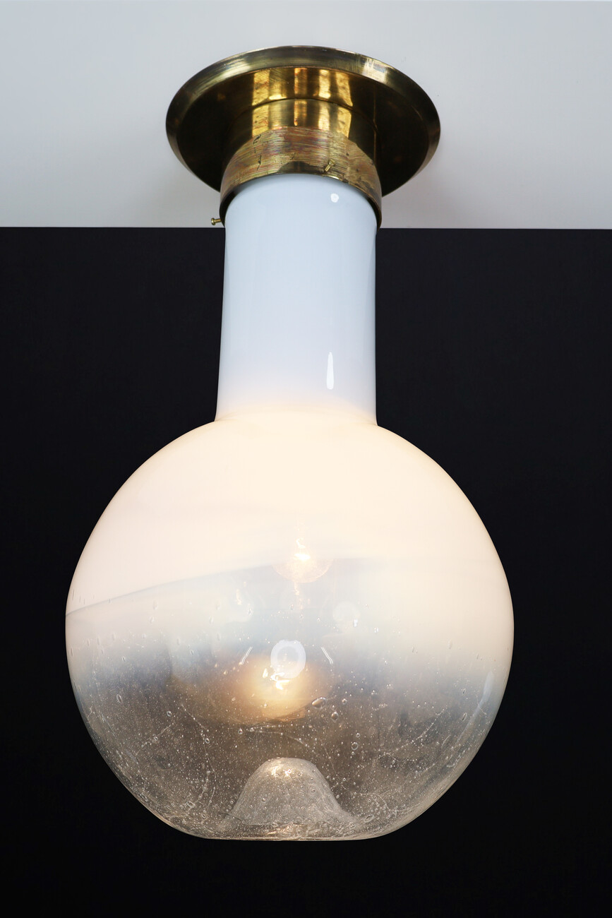 Mid century modern Blown-glass,Brass,Opaline glass Bras and  opaline glass Chandelier ., Italy 1970s Mid-20th century