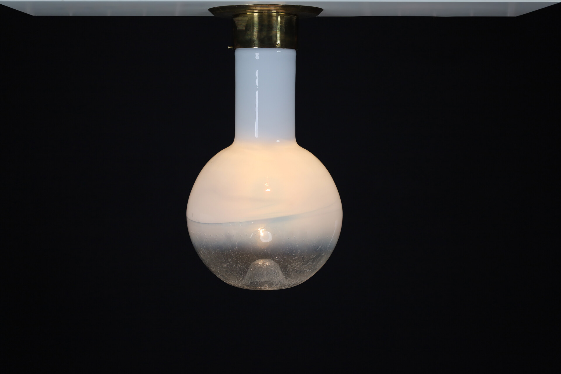 Mid century modern Blown-glass,Brass,Opaline glass Bras and  opaline glass Chandelier ., Italy 1970s Mid-20th century