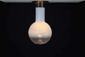 Mid century modern Blown-glass,Brass,Opaline glass Bras and  opaline glass Chandelier ., Italy 1970s Mid-20th century