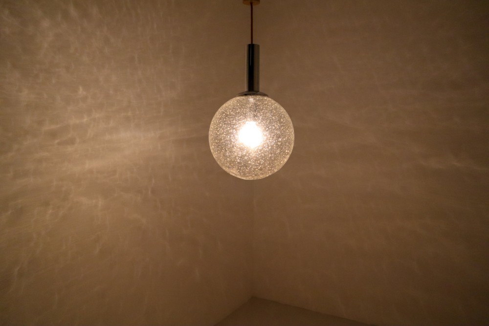 Mid century modern Blown-glass,Chrome Pair of Midcentury Bubble Glass Globe Pendant by Glashütte Limburg Germany, 1960 Mid-20th century