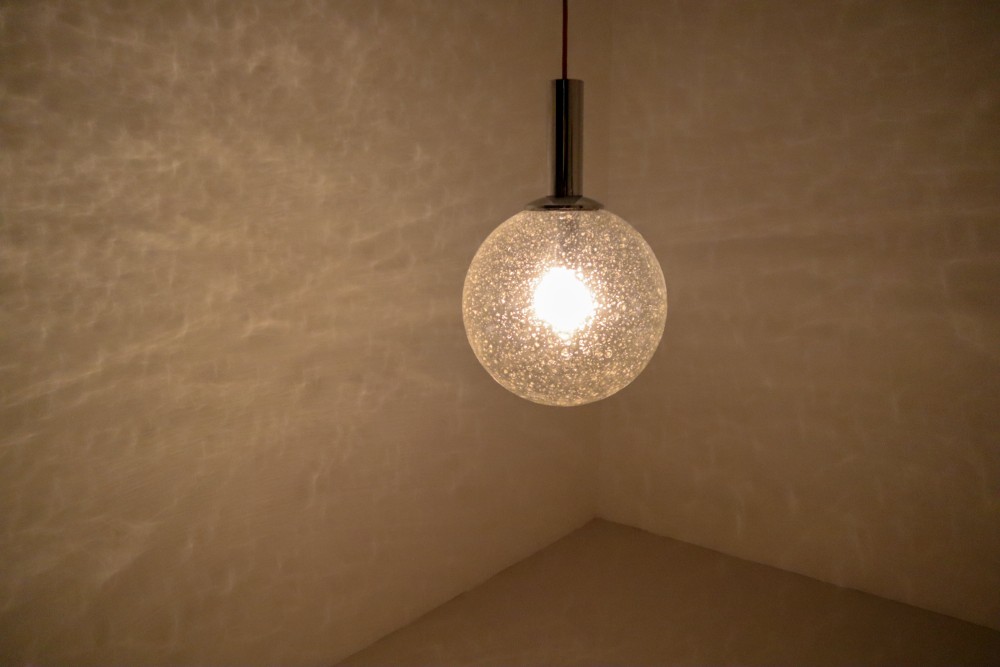 Mid century modern Blown-glass,Chrome Pair of Midcentury Bubble Glass Globe Pendant by Glashütte Limburg Germany, 1960 Mid-20th century