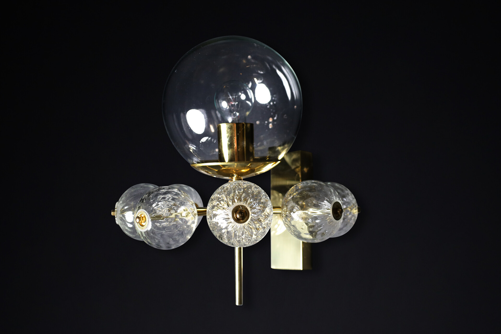Mid century modern Brass and clear glass Wall Chandelier, Praque 1960s Mid-20th century