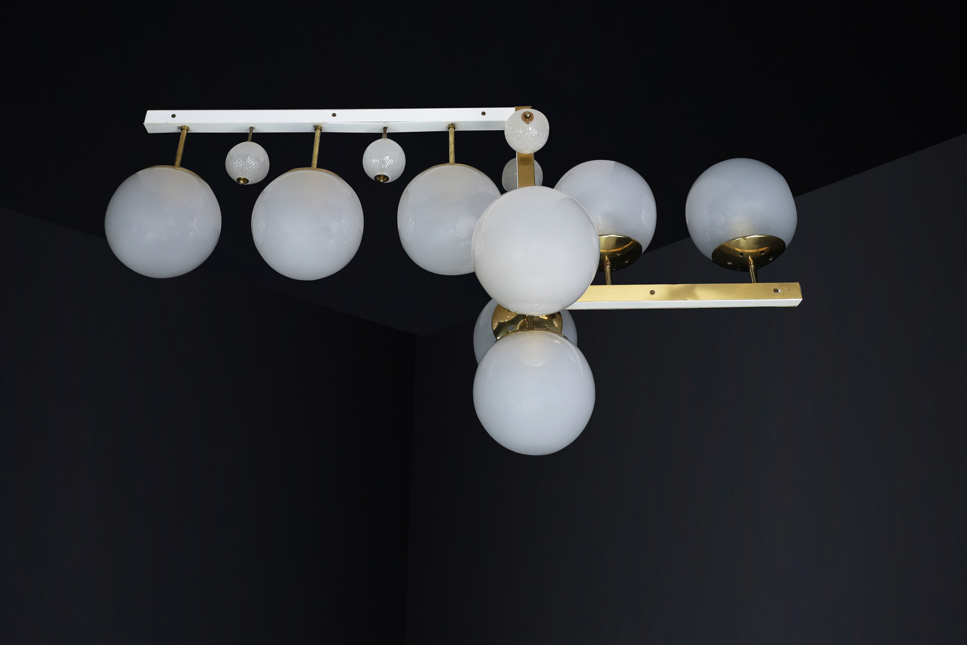 Mid century modern Brass and frosted glass Chandelier , Praque 1960s Mid-20th century