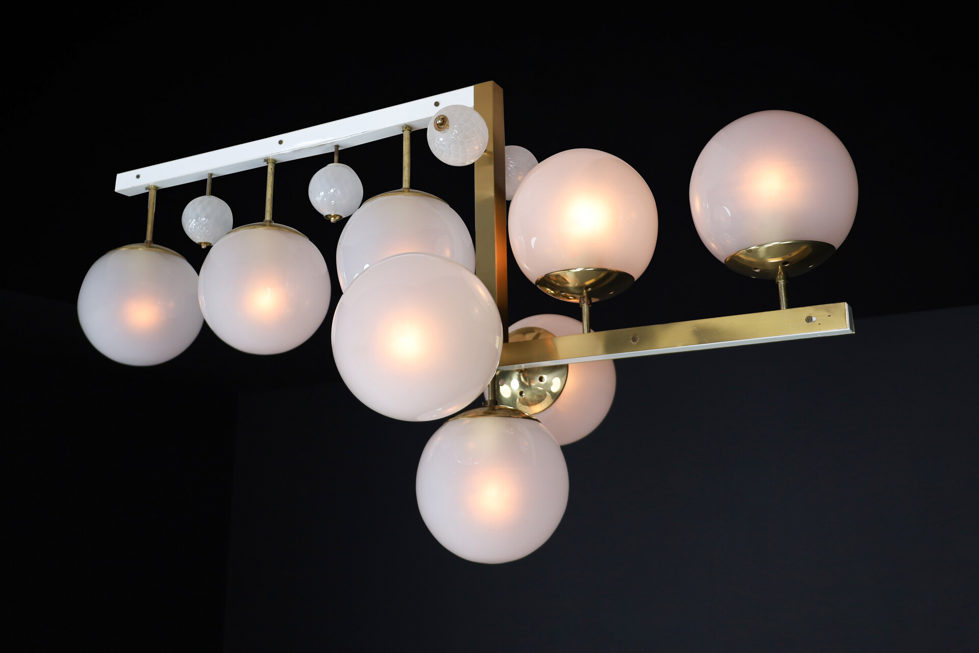 Mid century modern Brass and frosted glass Chandelier , Praque 1960s Mid-20th century