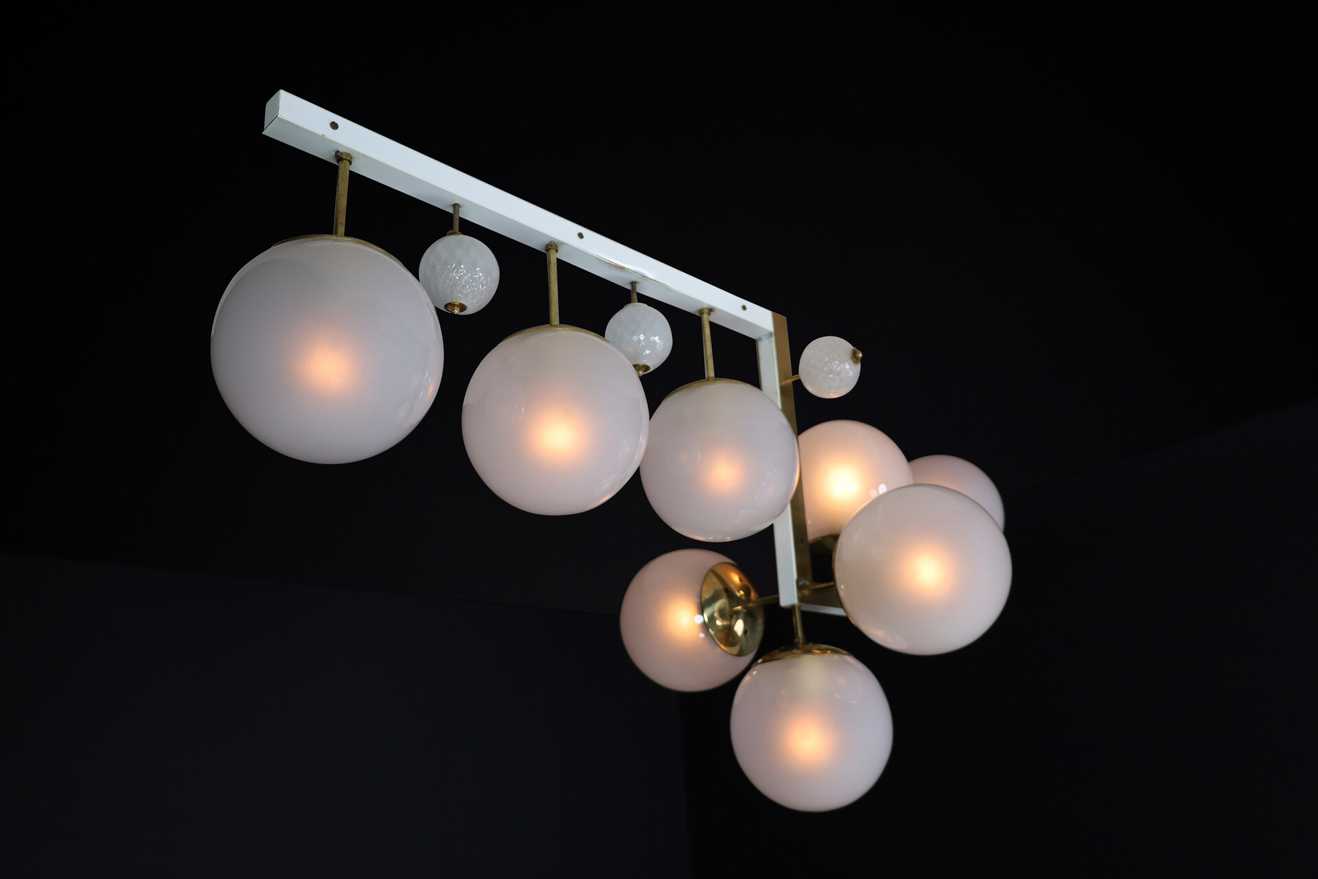 Mid century modern Brass and frosted glass Chandelier , Praque 1960s Mid-20th century