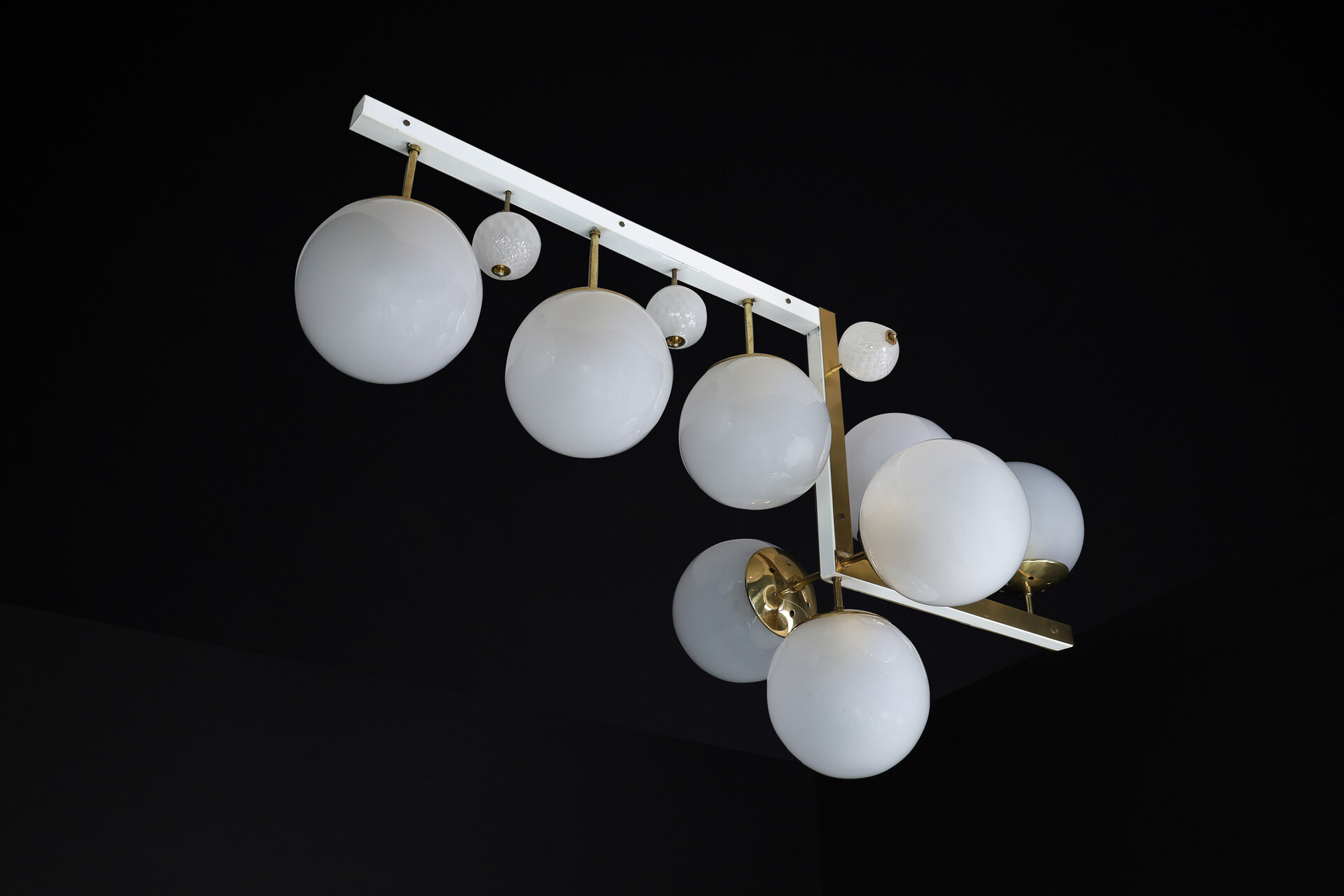 Mid century modern Brass and frosted glass Chandelier , Praque 1960s Mid-20th century