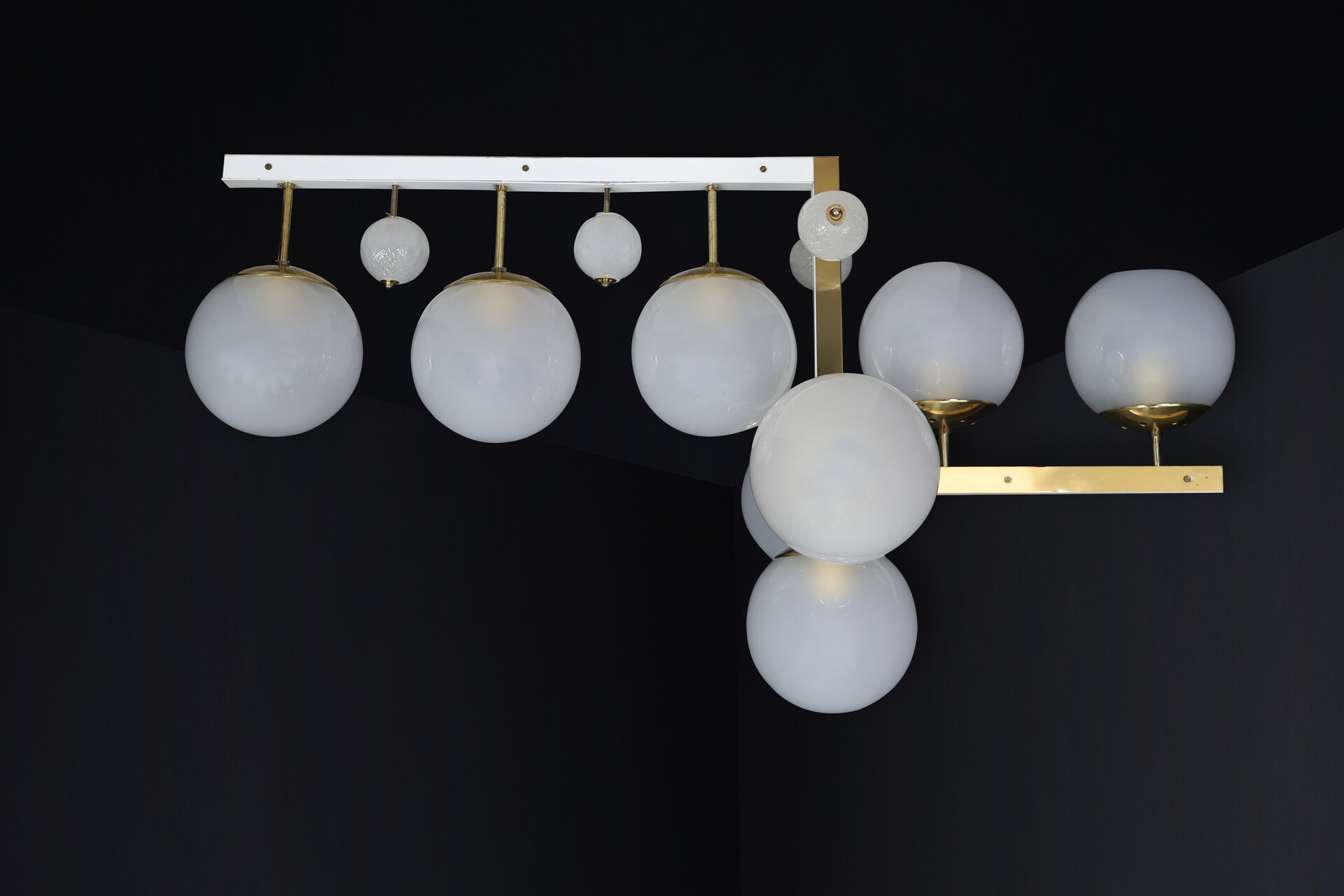 Mid century modern Brass and frosted glass Chandelier , Praque 1960s Mid-20th century