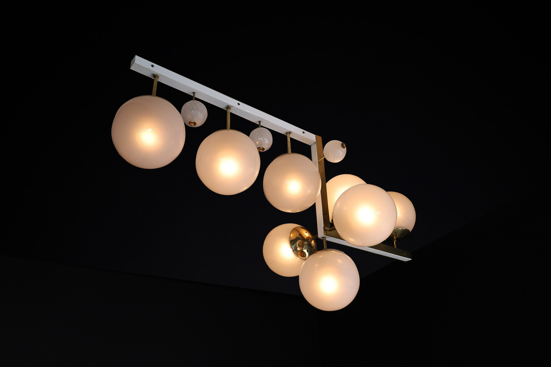 Mid century modern Brass and frosted glass Chandelier , Praque 1960s Mid-20th century