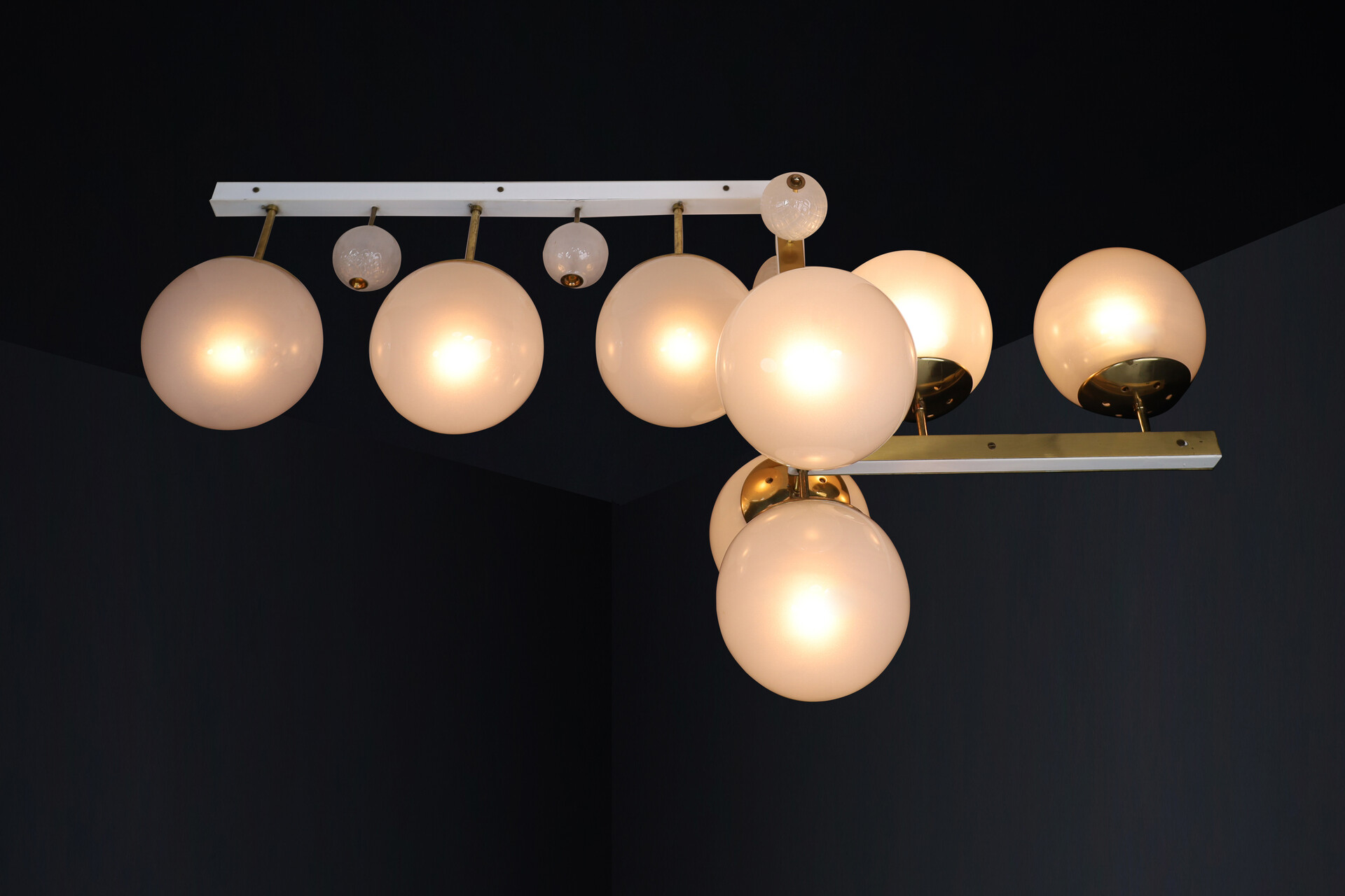 Mid century modern Brass and frosted glass Chandelier , Praque 1960s Mid-20th century