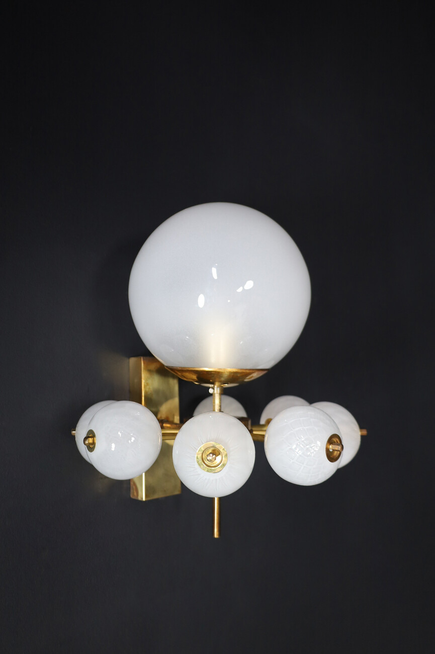 Mid century modern Brass and frosted glass Wall Chandelier, Praque 1960s Mid-20th century