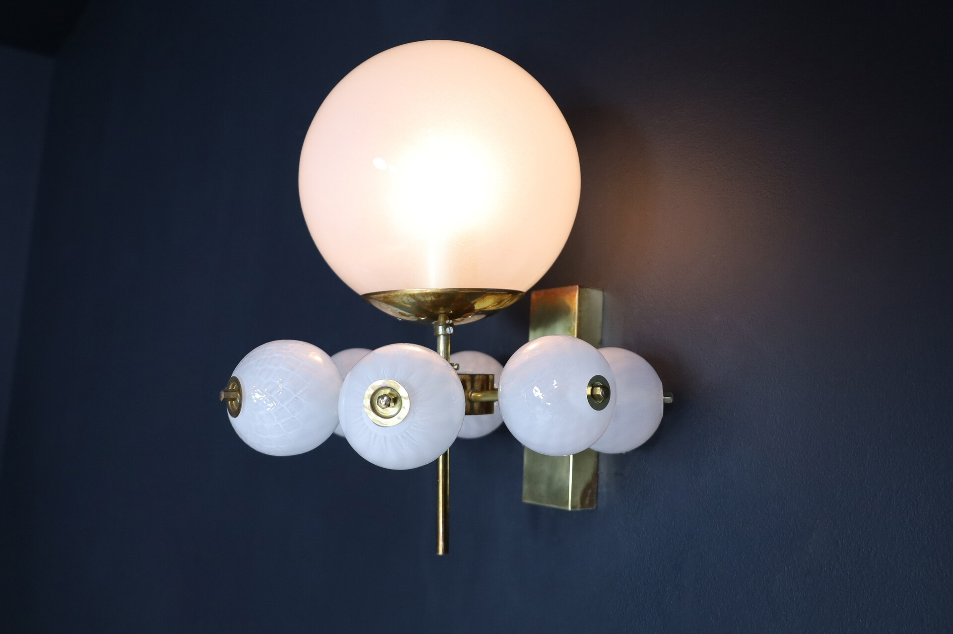 Mid century modern Brass and frosted glass Wall Chandelier, Praque 1960s Mid-20th century