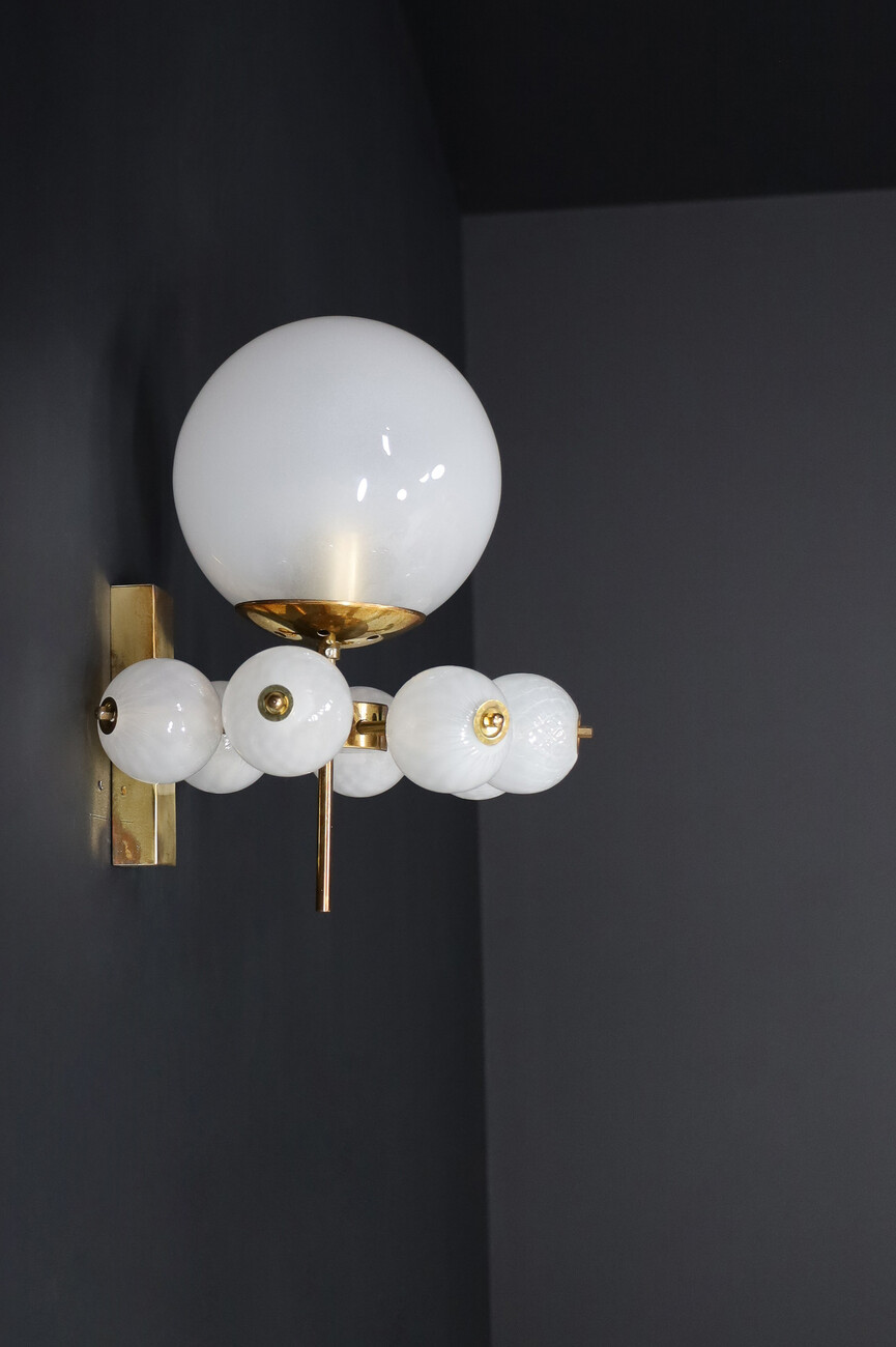 Mid century modern Brass and frosted glass Wall Chandelier, Praque 1960s Mid-20th century