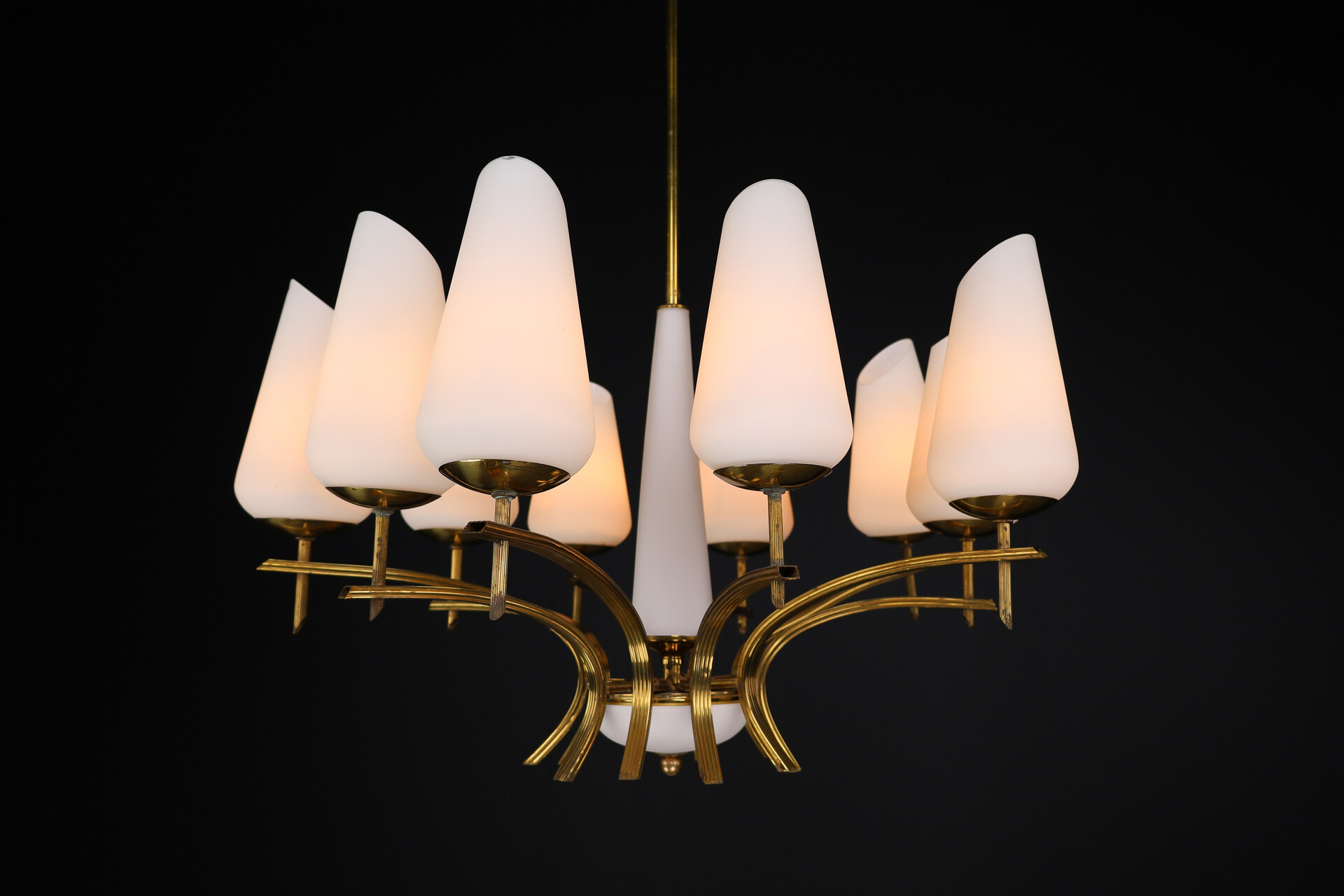 Mid century modern Brass and opaline glass chandelier, France 1950s Mid-20th century