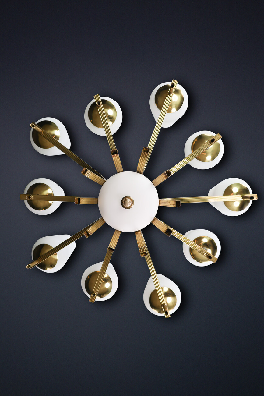 Mid century modern Brass and opaline glass chandelier, France 1950s Mid-20th century