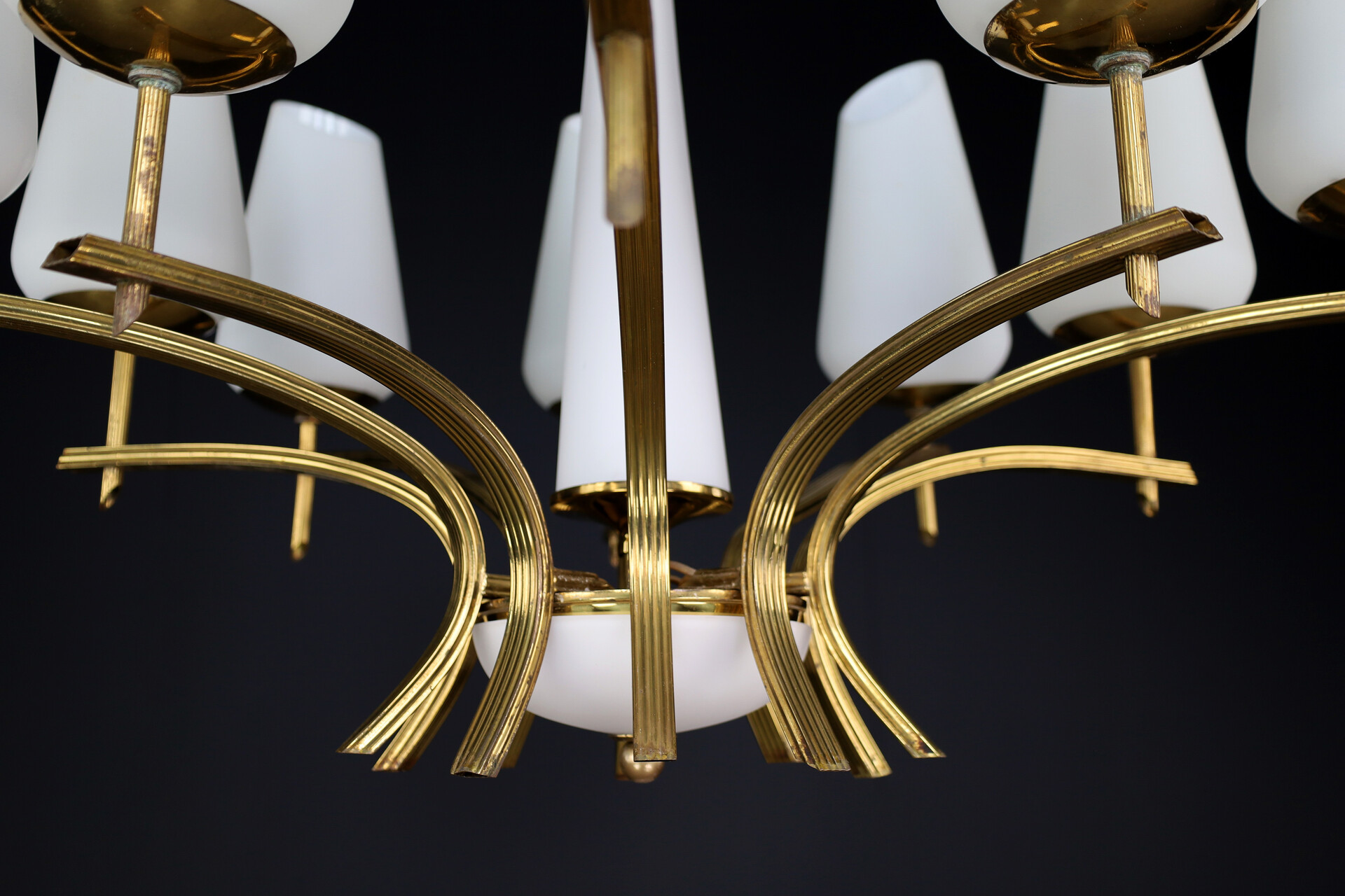 Mid century modern Brass and opaline glass chandelier, France 1950s Mid-20th century